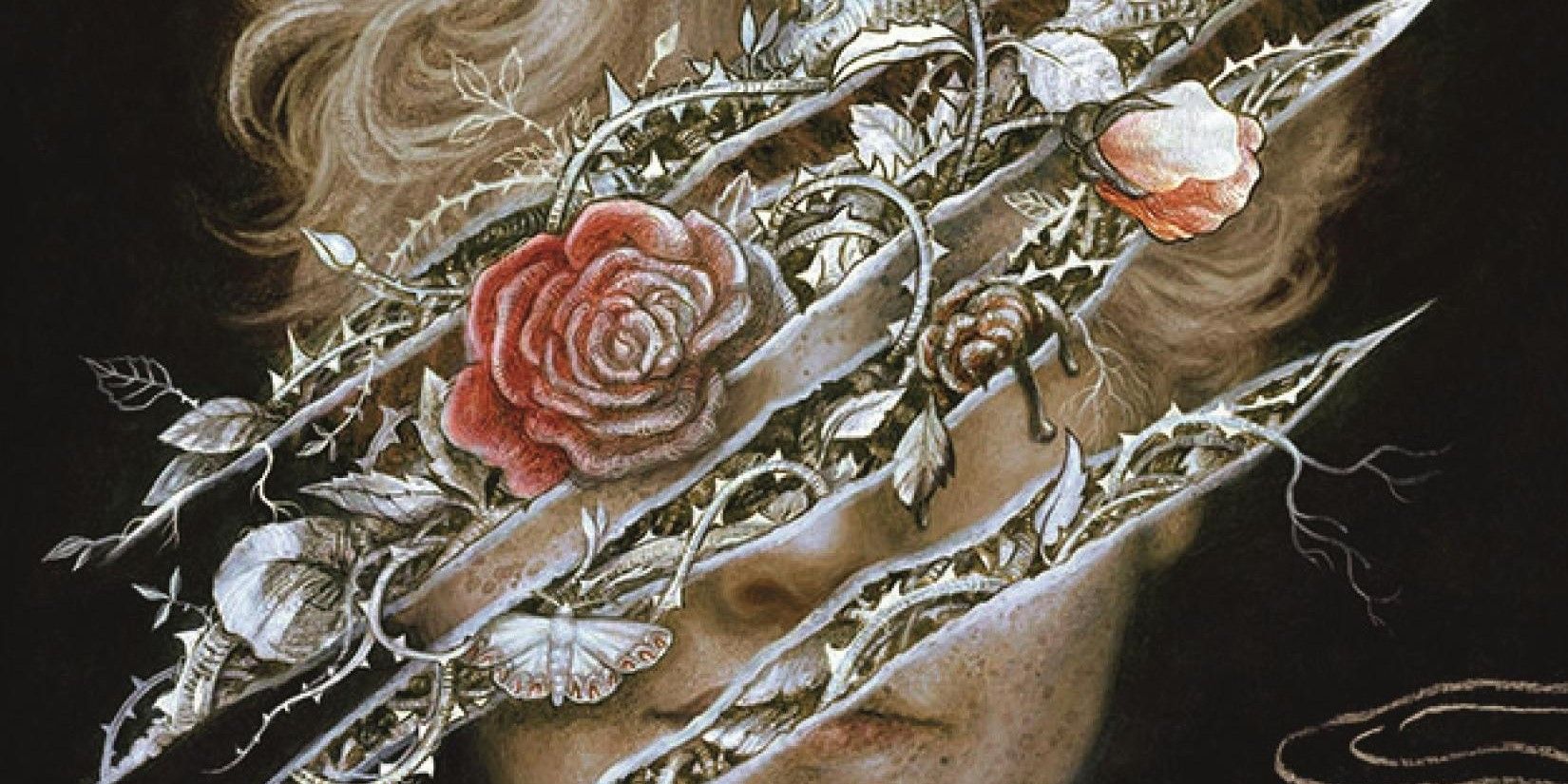 The cover of Don't Let the Forest In featuring a face with claw marks over it and flowers and thorns coming out of them