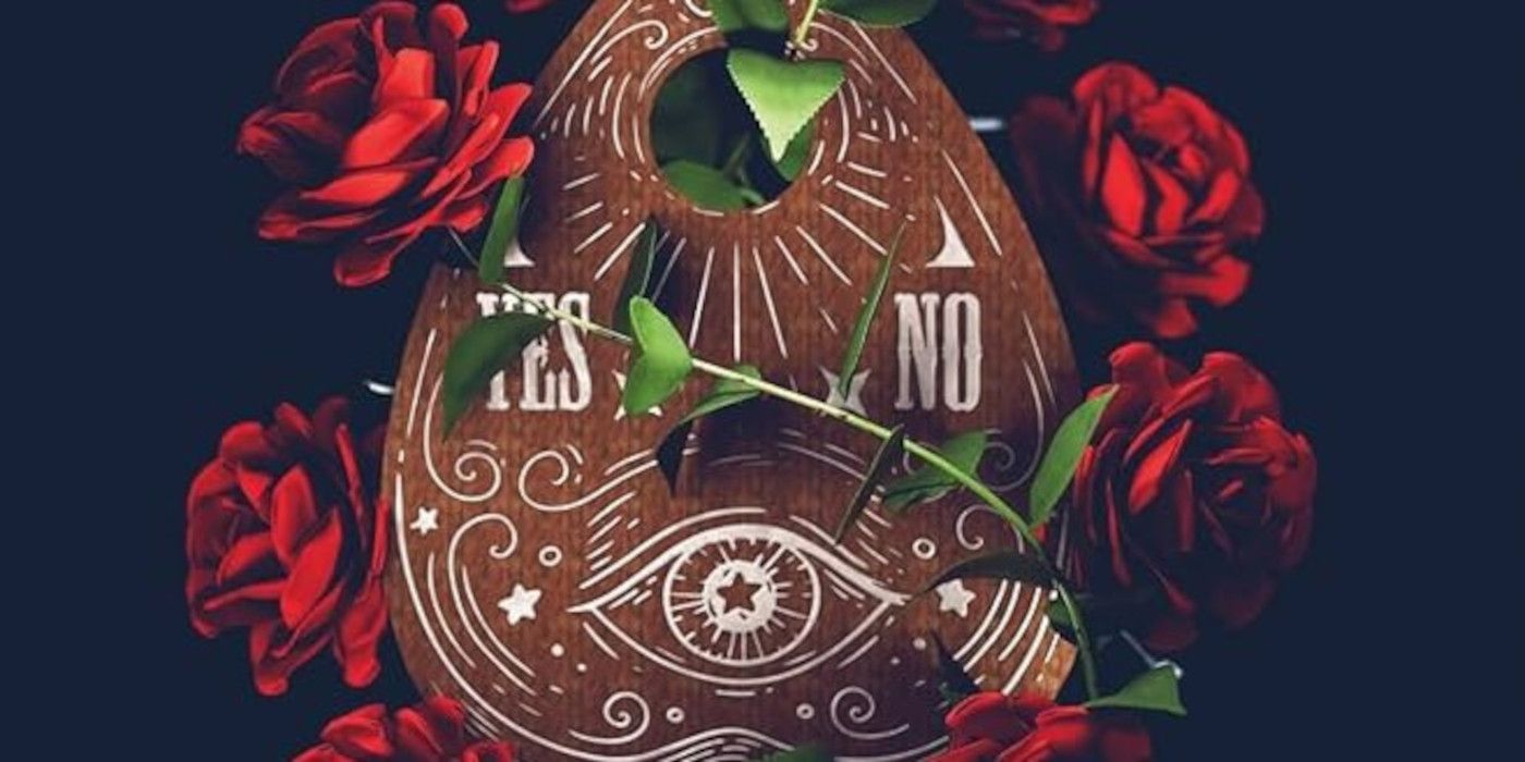 The cover of I'll Be Waiting by Kelley Armstrong featuring the planchette of a Quija board surrounded by roses