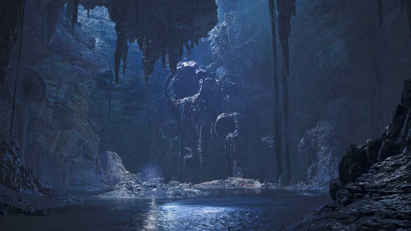 The dark, slick Oilwell Basin cave in Monster Hunter Wilds.