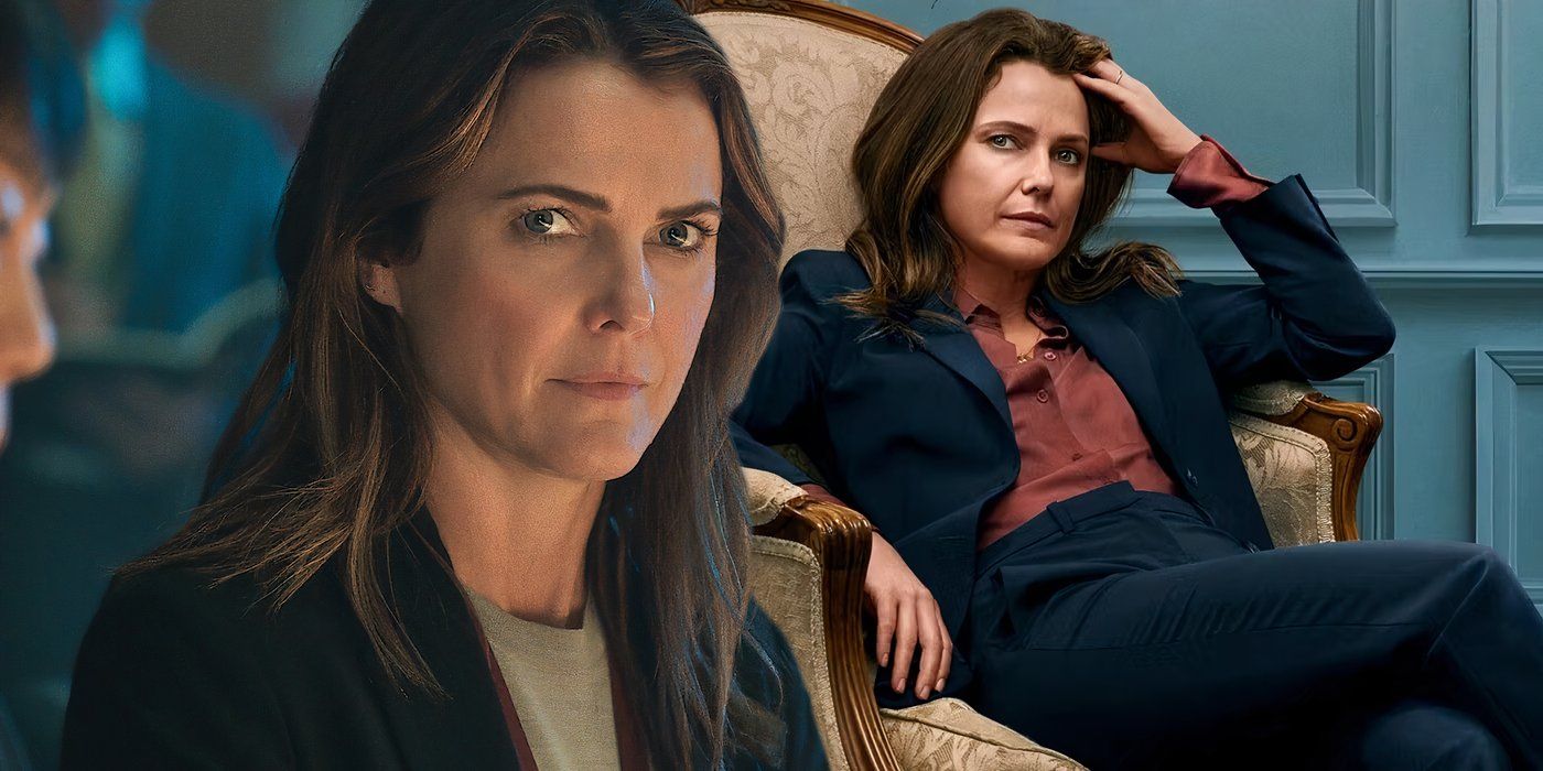 A composite image of Keri Russell looking on intensely in front of Russell looking distraught while sitting in a chair in The Diplomat