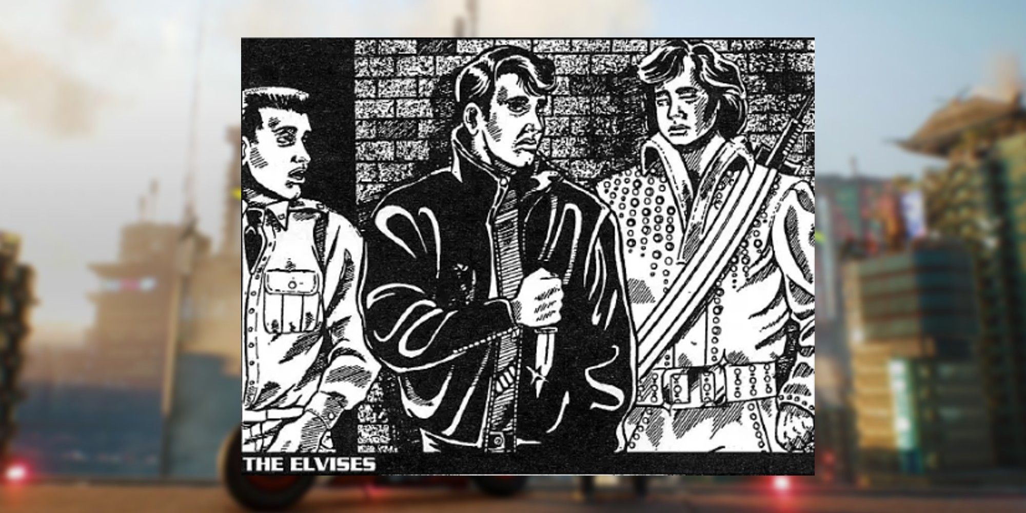 Black and white images of the The Elvises from Cyberpunk 2020 atop a blurred background of Cyberpunk 2077