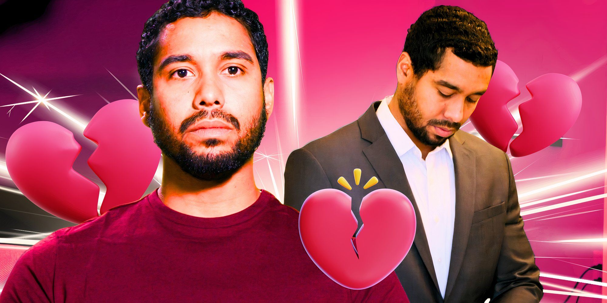 the family chantel star pedro jimeno in montage with two sad poses and broken heart background