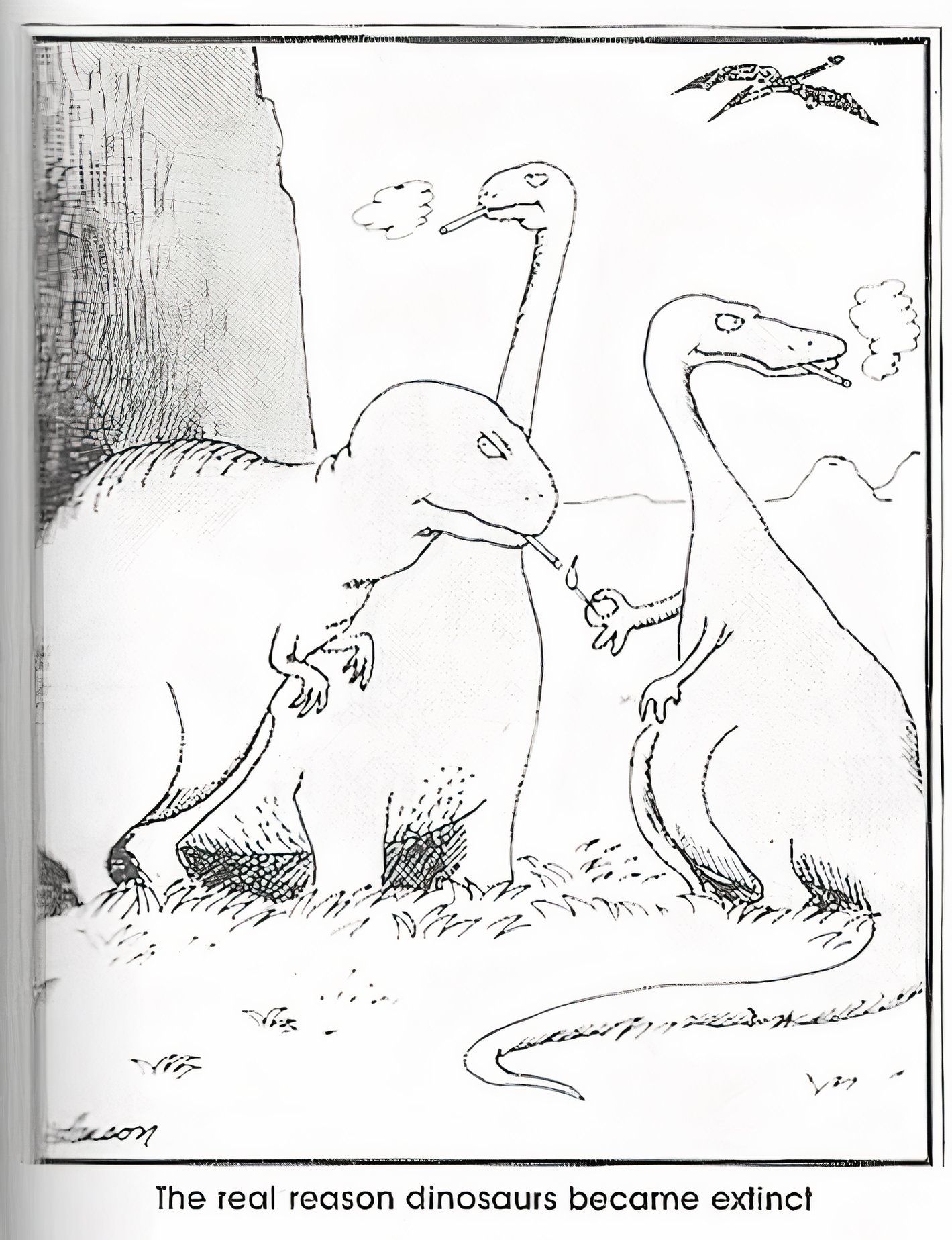 The Far Side, Real Reason Dinosaurs Became Extinct, black-and-white version