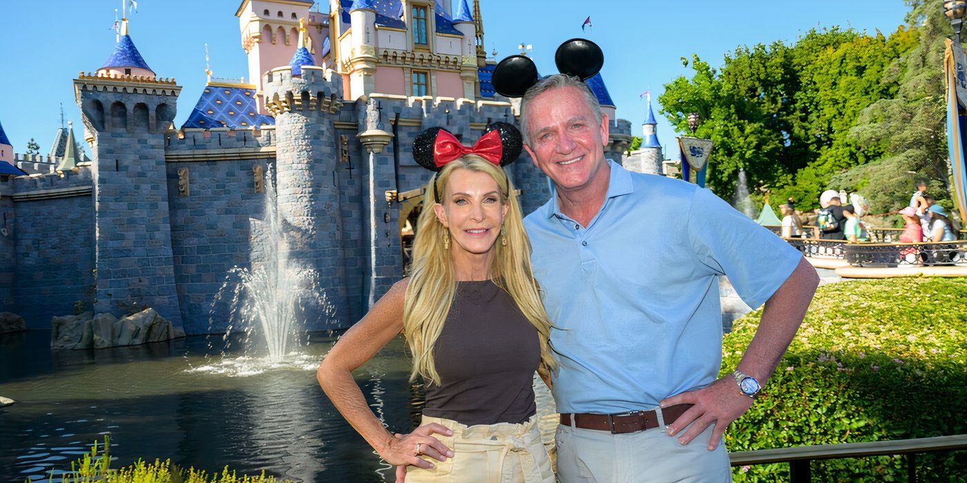 The Golden Bachelorette Joan Vassos and Chock Chapple In Disneyland Holding One Another