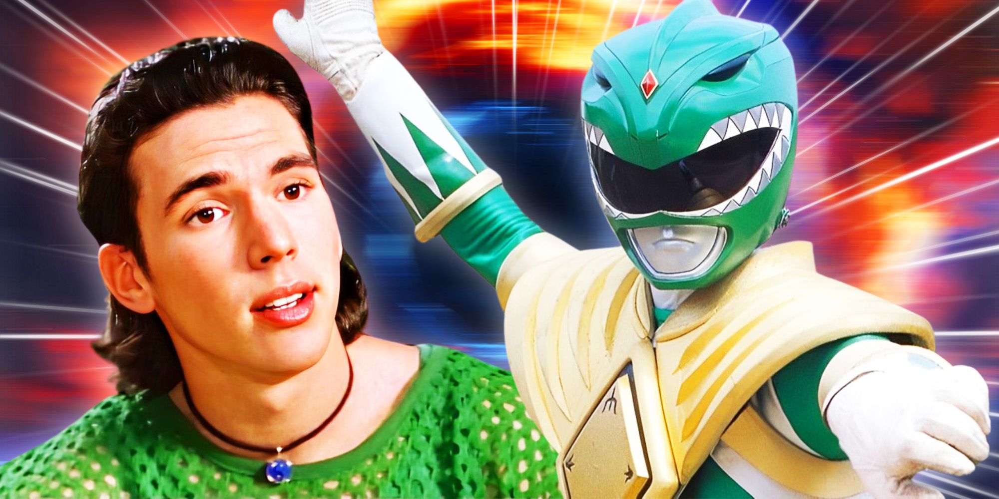 The Green Ranger in costume and Tommy Oliver in Mighty Morphin Power Rangers