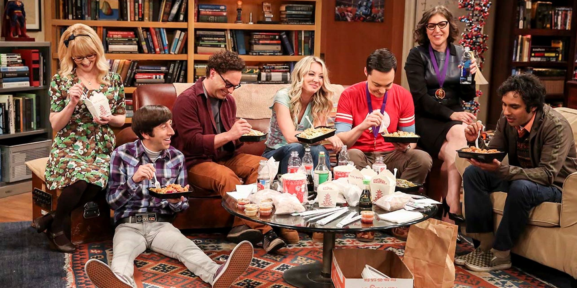 The group eating takeout in The Big Bang Theory finale