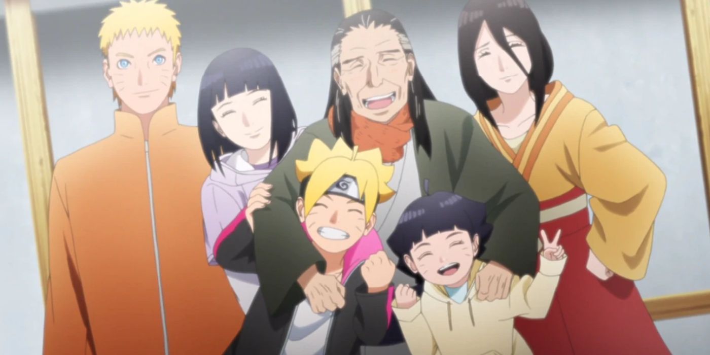 A família Hyuga com Hanabi, Hinata, Naruto, pai de Hinata, Boruto e Himawari