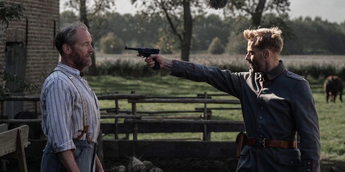 The Last Front 2024 Iain Glen with a gun to his head from a Nazi Solider 