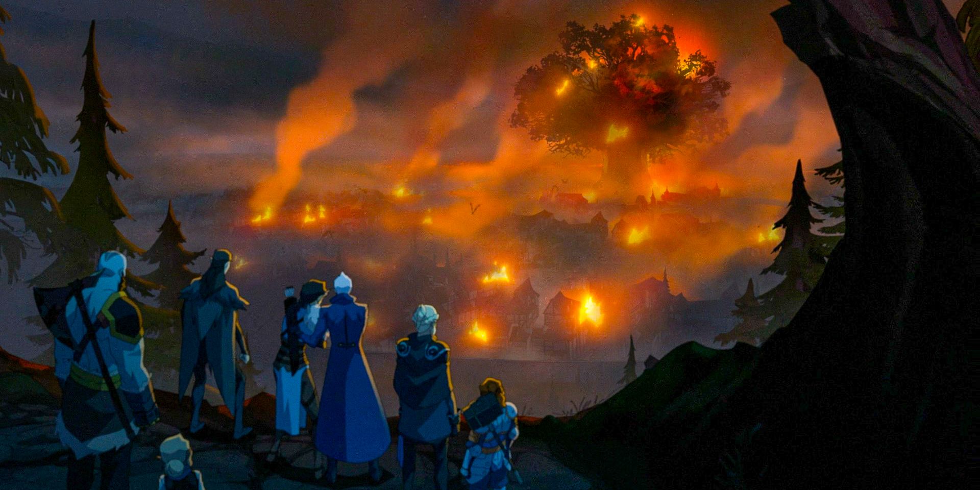 Vox Machina watching the Sun Tree burning from a distance in The Legend of Vox Machina - Season 3 Episode 6