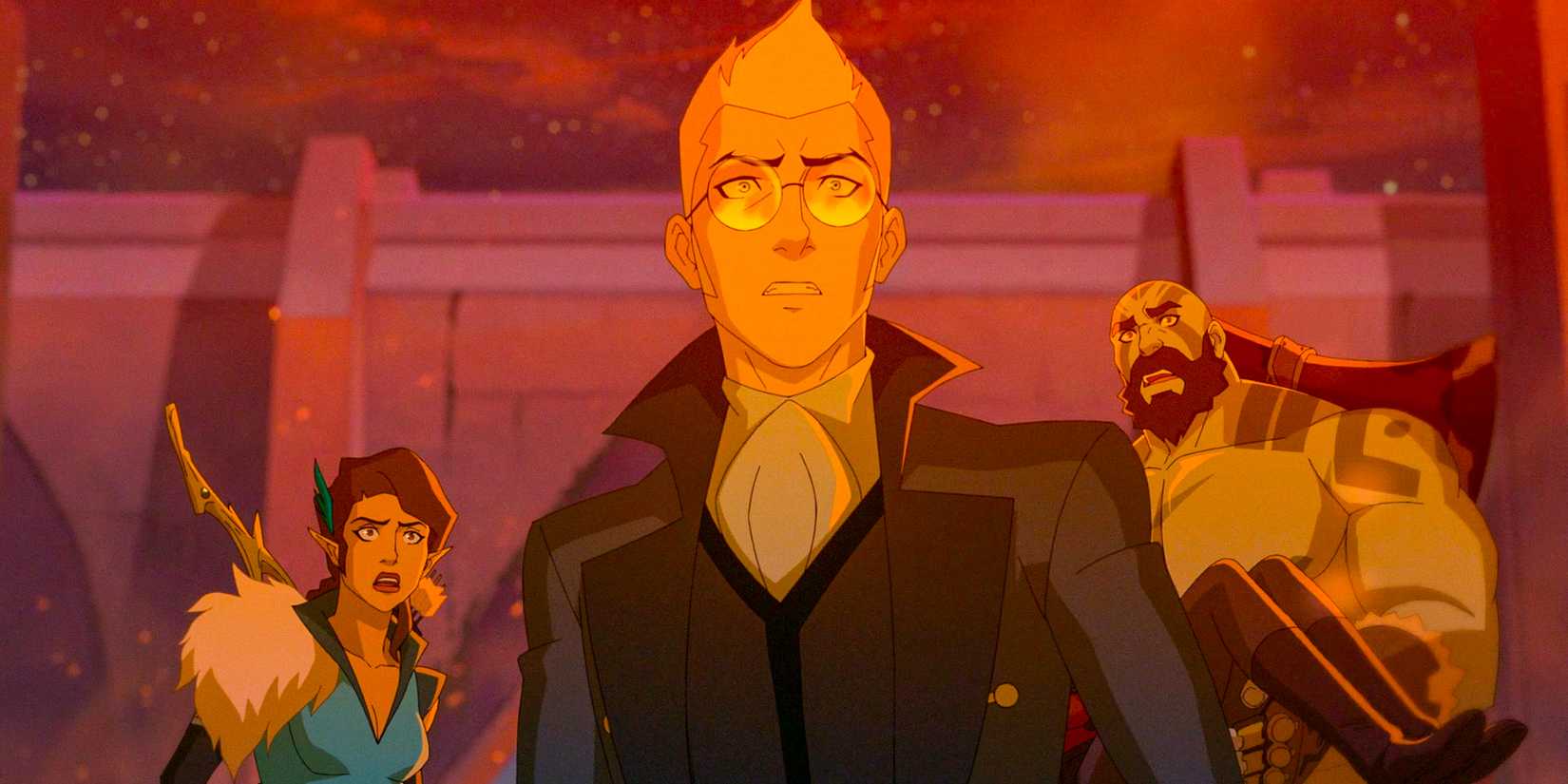 Percival looking shocked with Vex and grog behind him in The Legend of Vox Machina - Season 3 Episode 6