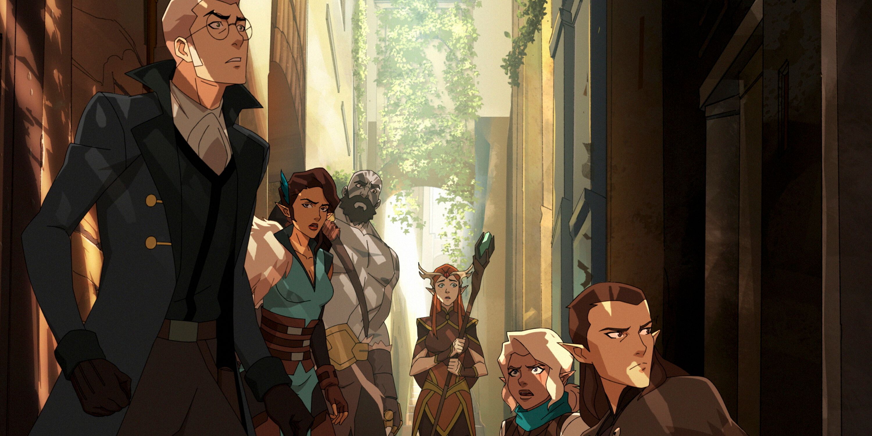 The Legend of Vox Machina season 3 crew looking at something in a forest