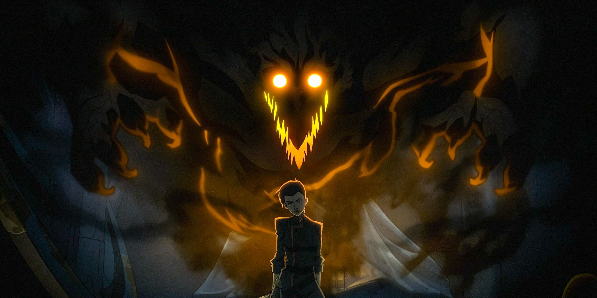 Anna Ripley with the demon Orthax behind her in The Legend of Vox Machina Season 3 Episode 2