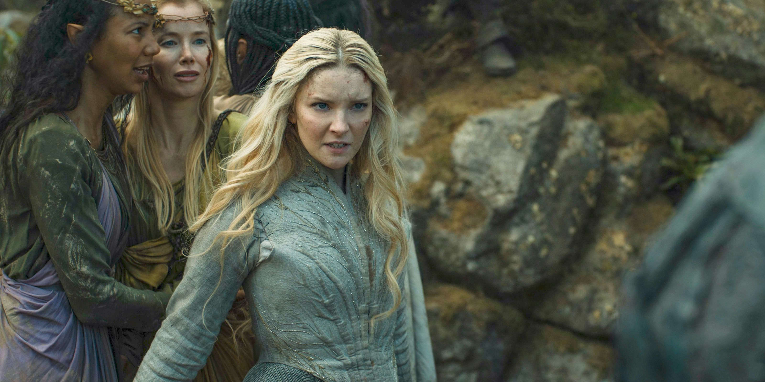 Galadriel (Morfydd Clark) protecting the elves from the Uruk in The Lord of the Rings: The Rings of Power Season 2 Episode 8