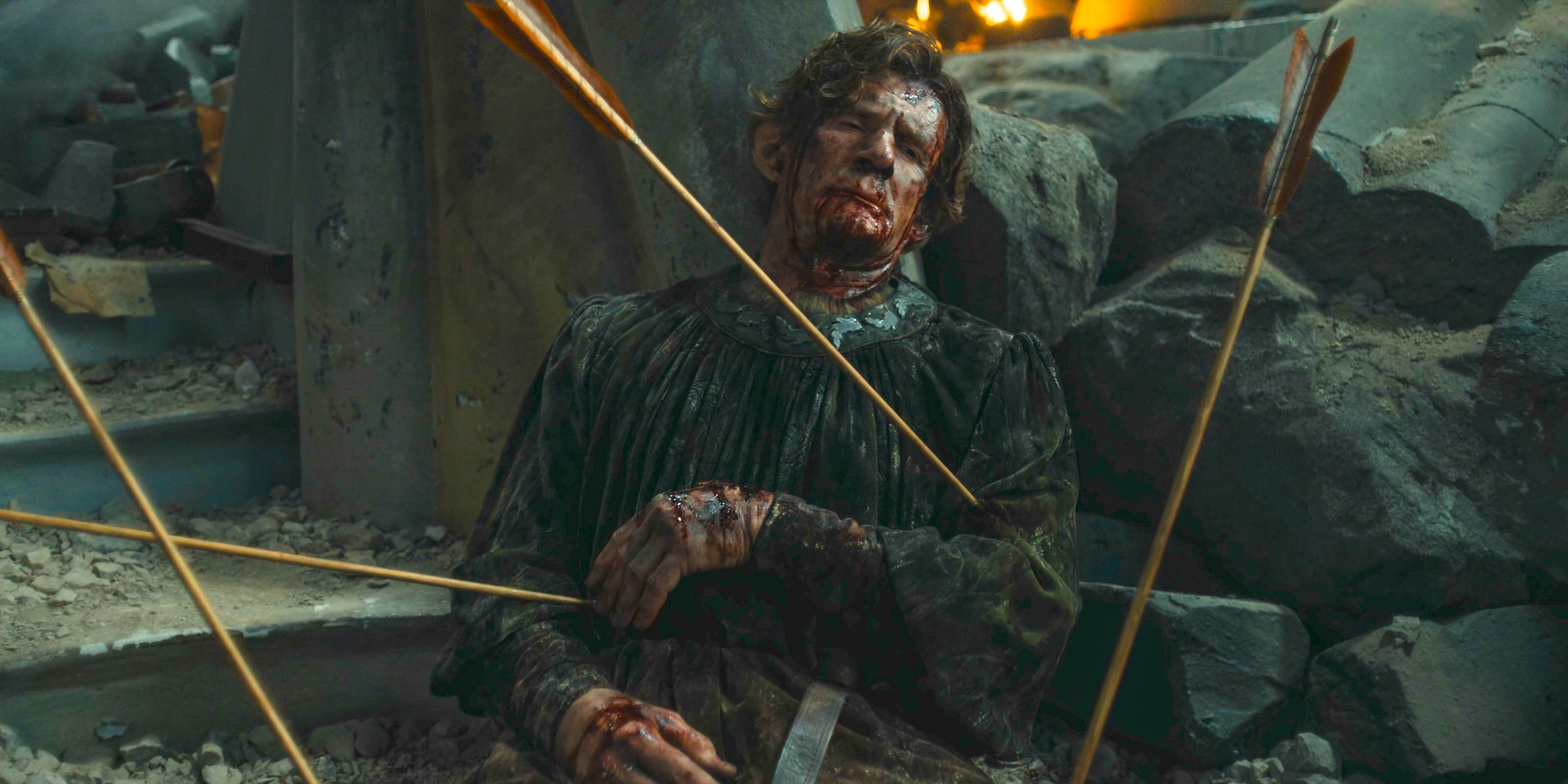 Celebrimbor (Charles Edwards) pierced by arrows in The Lord of the Rings: The Rings of Power Season 2 Episode 8