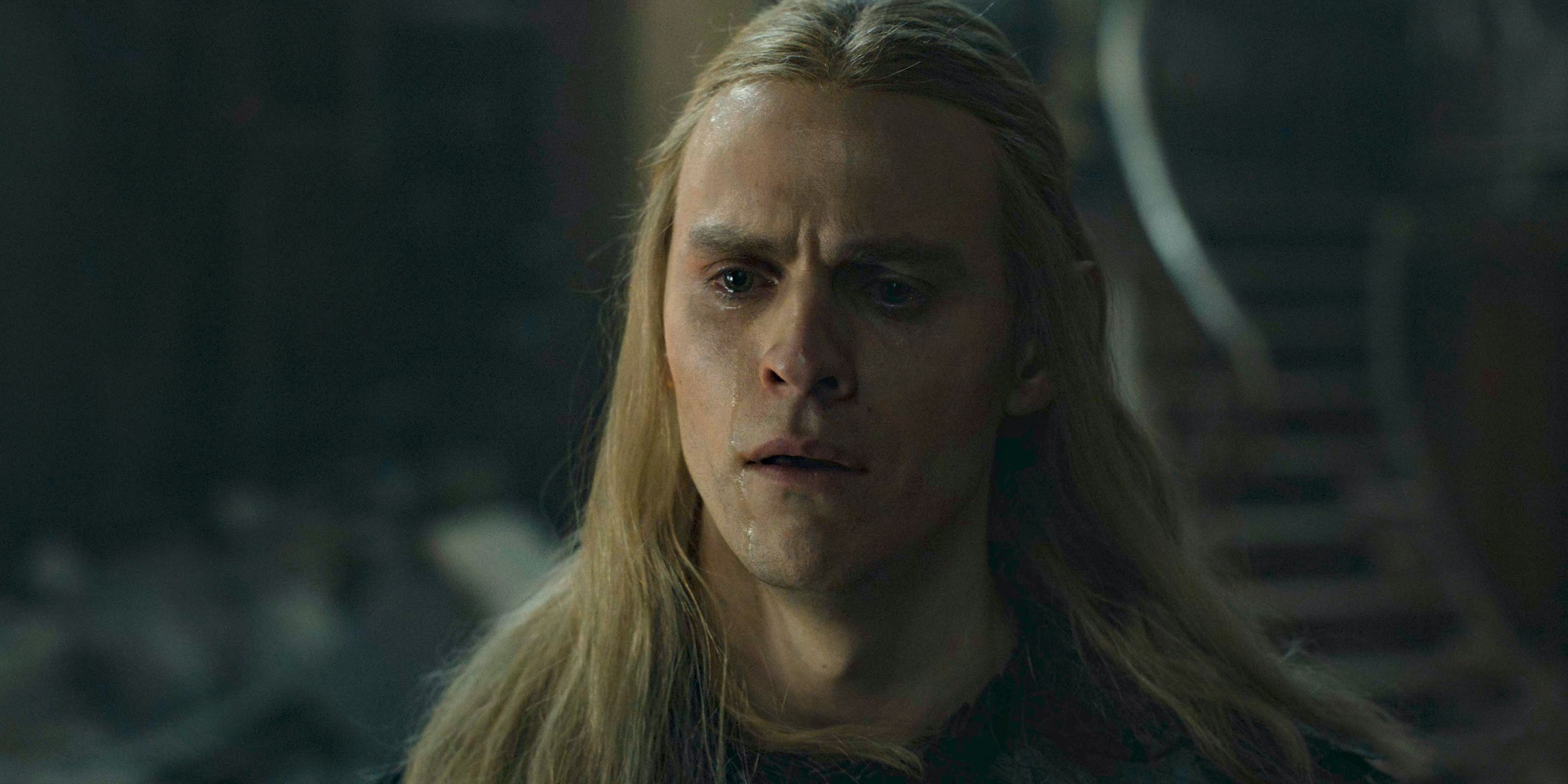 Sauron (Charlie Vickers) crying after killing Celebrimbor in The Lord of the Rings: The Rings of Power Season 2 Episode 8