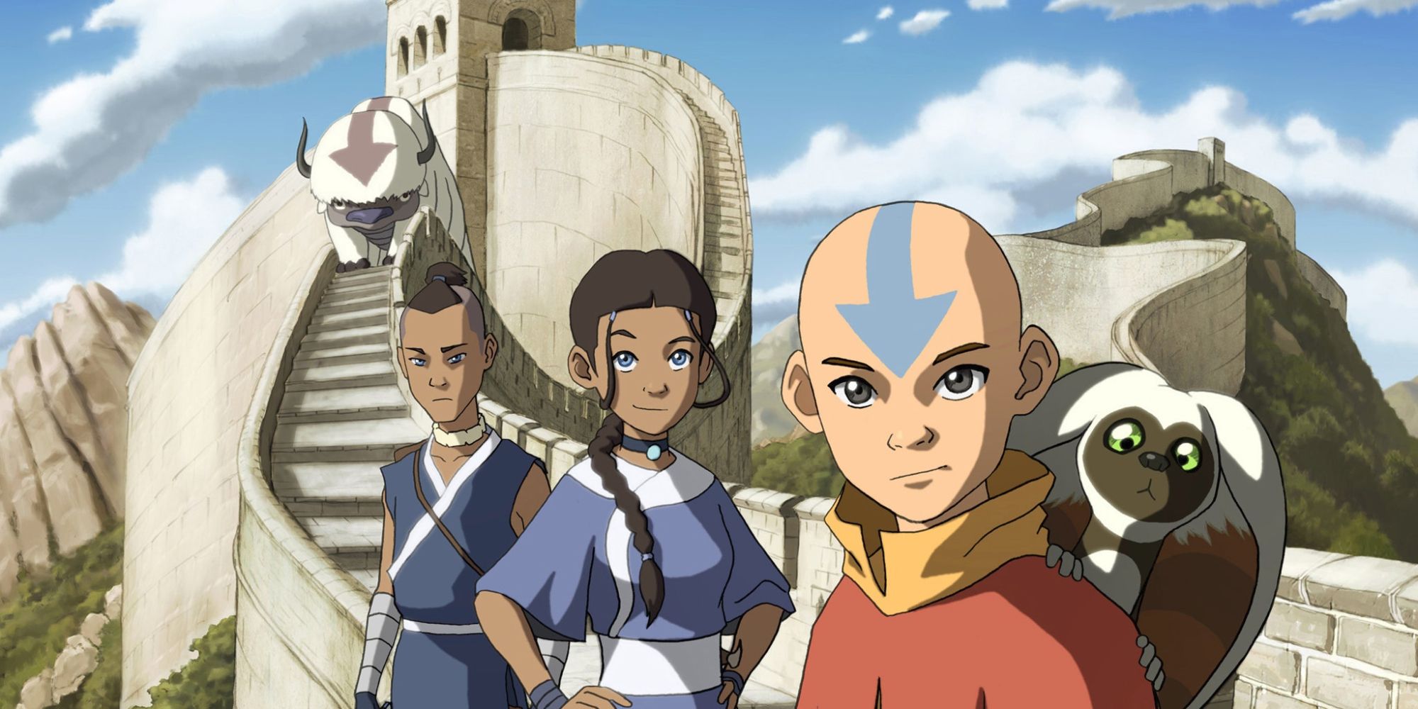 The main cast of Avatar The Last Airbender (Appa, Sokka, Katara, Aang, and Momo) standing on a stone wall amid cliffs.