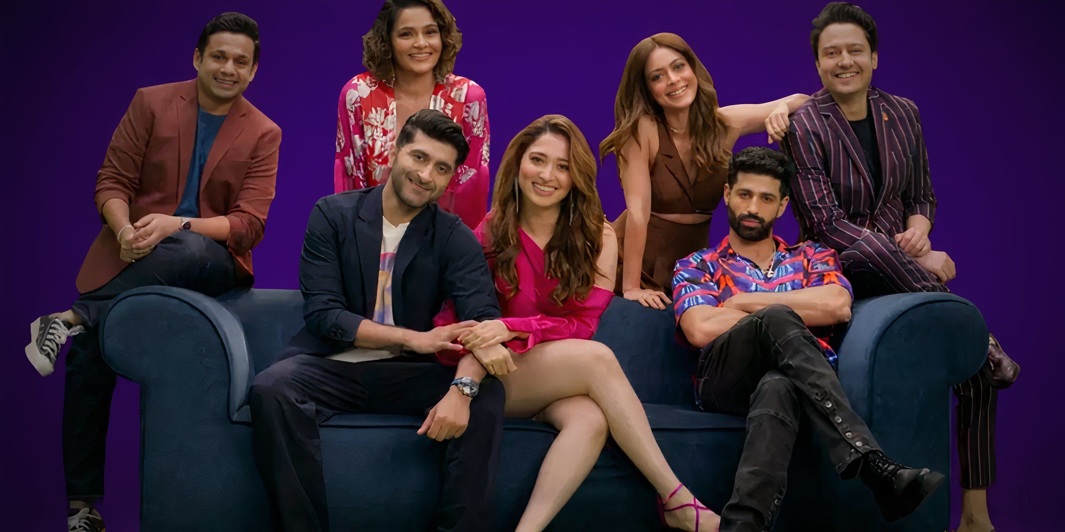 The main cast of the Hindi series Jee Karda posing on a blue sofa in a promotional image