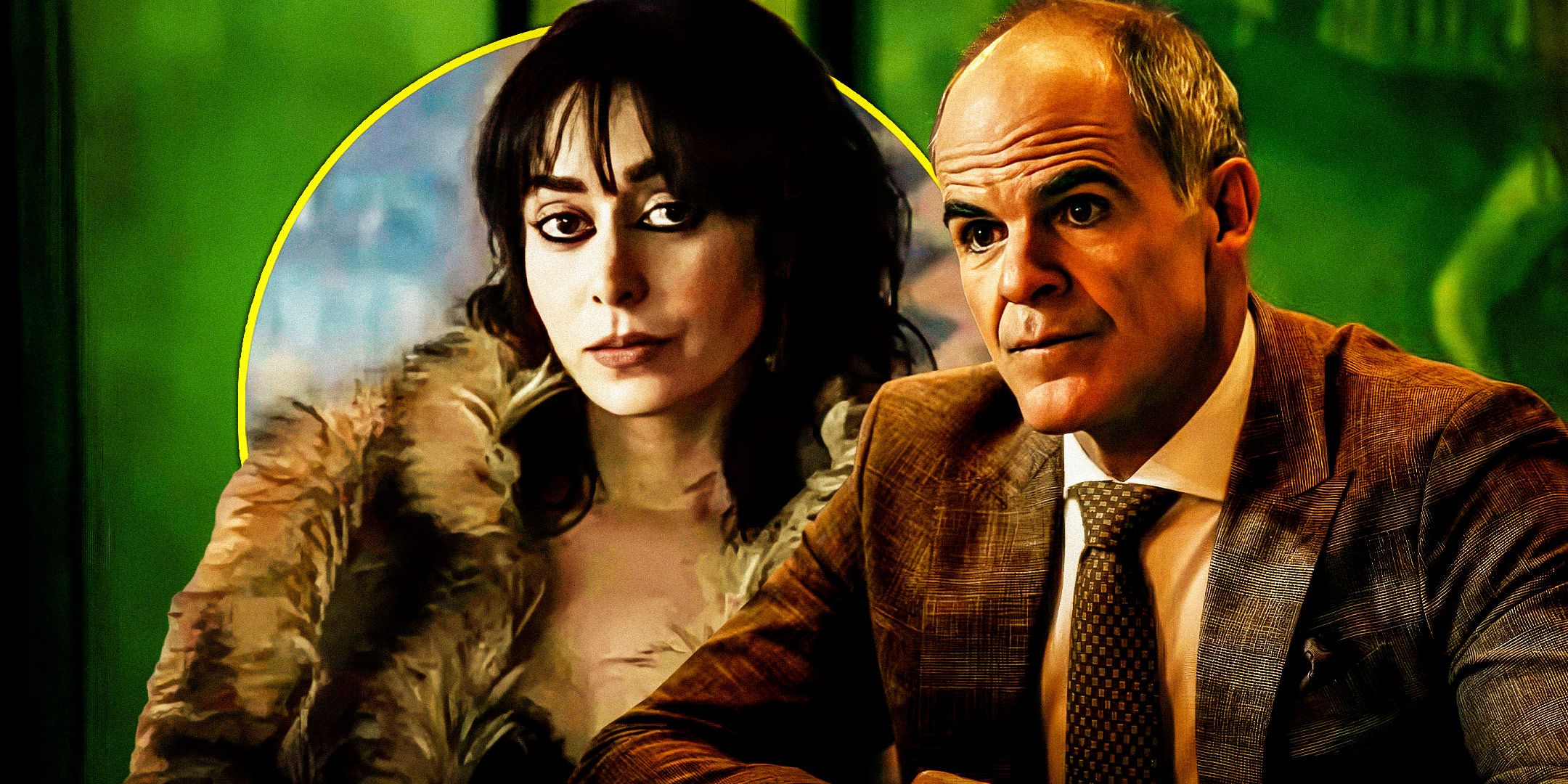 The Penguin's Cristin Milioti looking dangerous in a fur coat and Michael Kelly sitting in a suit