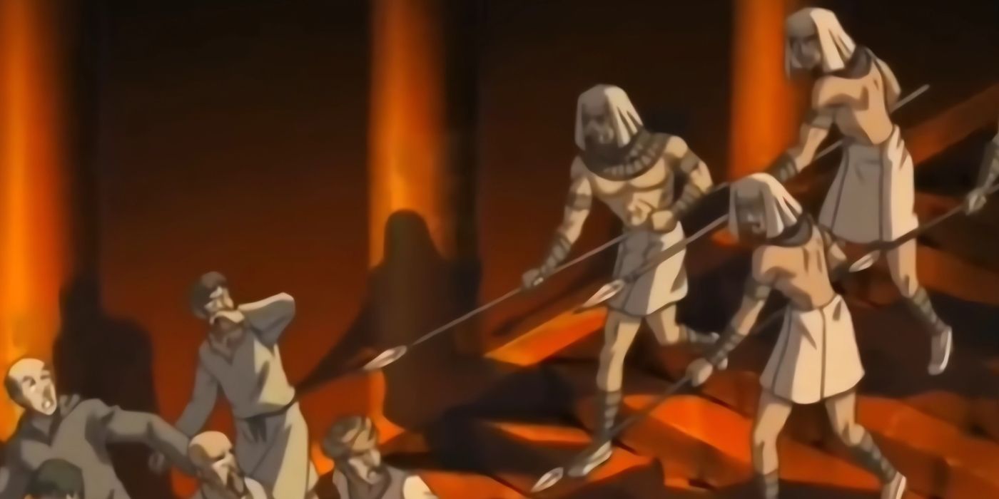 The pharaoh&rsquo;s soldiers rounding up villagers of Bakura&rsquo;s home to kill them in the ritual.