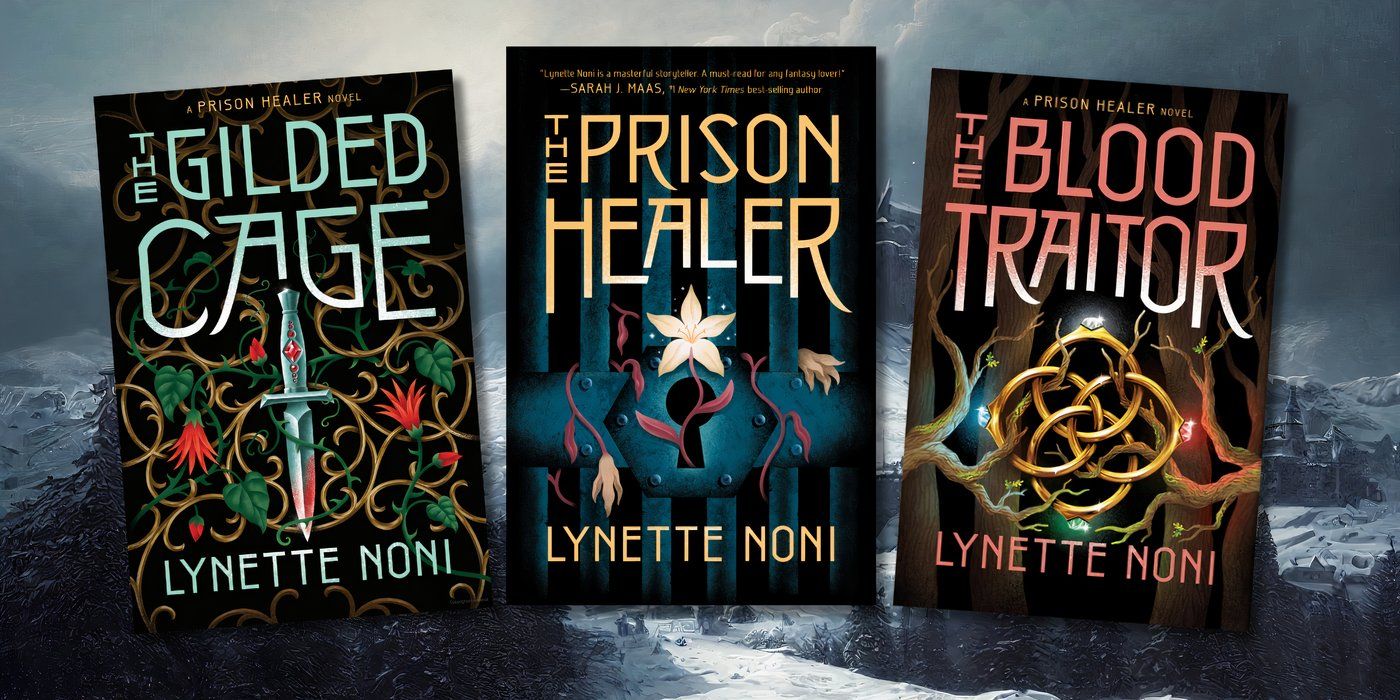 The Prison Healer, The Gilded Cage, and The Blood Traitor book covers against a snowy prison background