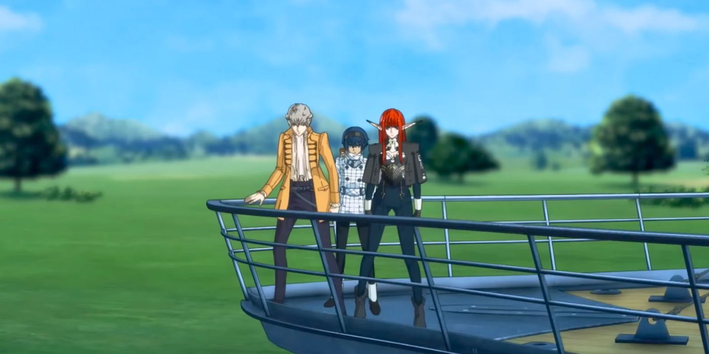The protagonist, Strohl, and Hulkenberg standing at the helm of a vehicle in Metaphor_ ReFantazio