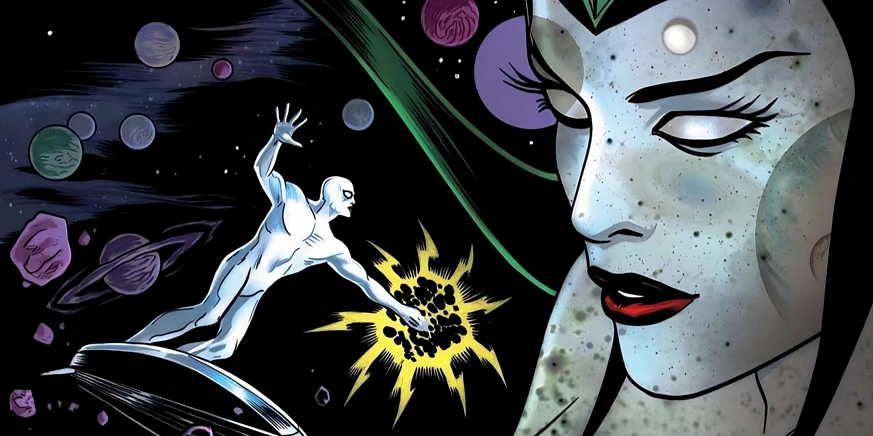 The Queen of Nevers encounters the Silver Surfer while traveling across time.