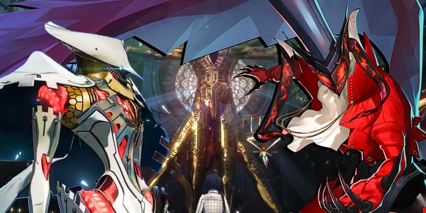 The Seeker Archetype from Metaphor and Arsene from Persona 5 in front of an image of the giant Vitruvian Man statue in Akademeia.-1