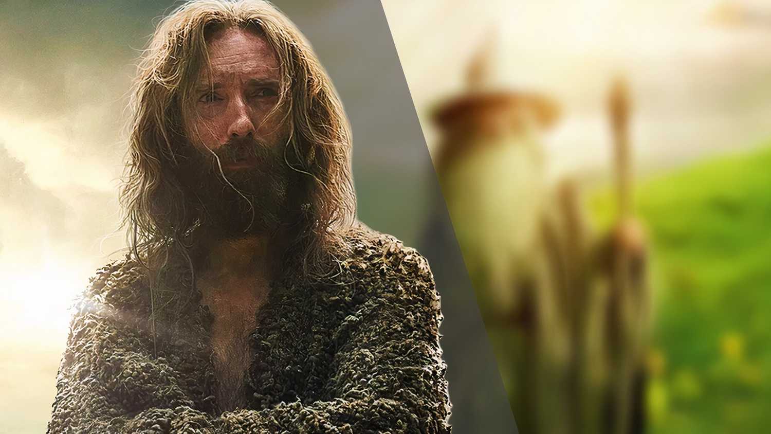 Daniel Weyman as The Stranger in The Rings of Power (2022) next to a blurred image of Gandalf from The Hobbit trilogy (2012-2014)
