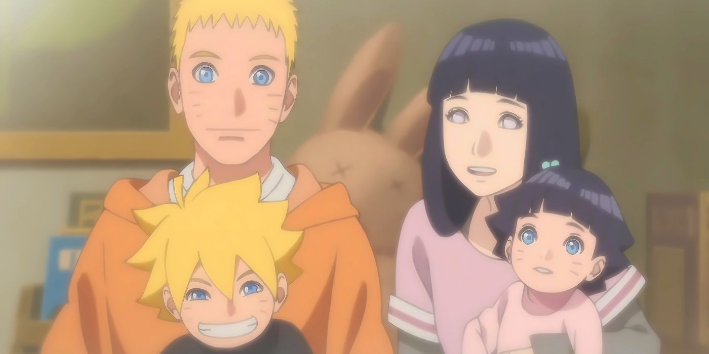 The Uzumaki family smiling for a picture (Boruto on Naruto&rsquo;s lap and Himawari on Hinata&rsquo;s lap)