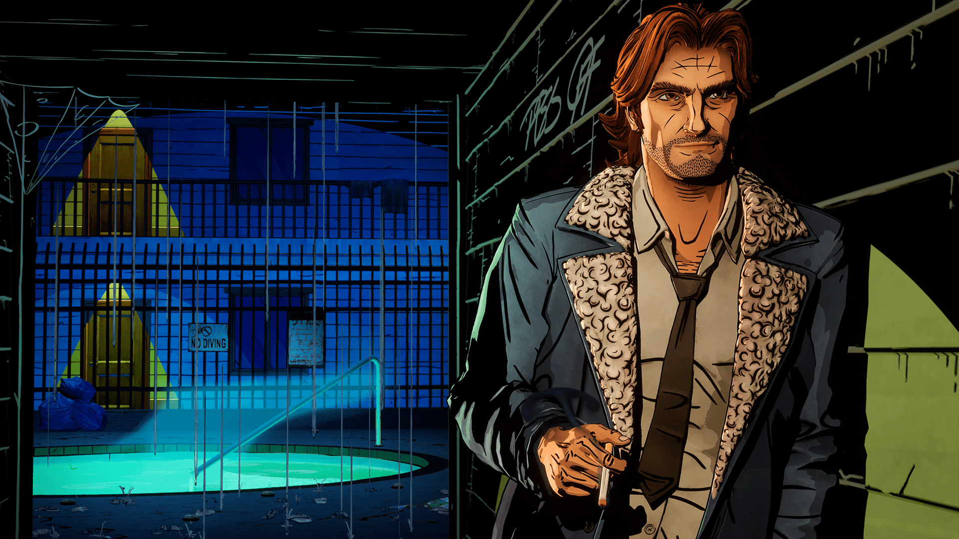 Personagem principal de The Wolf Among Us encostado em uma parede com um beco iluminado em azul atrás dele