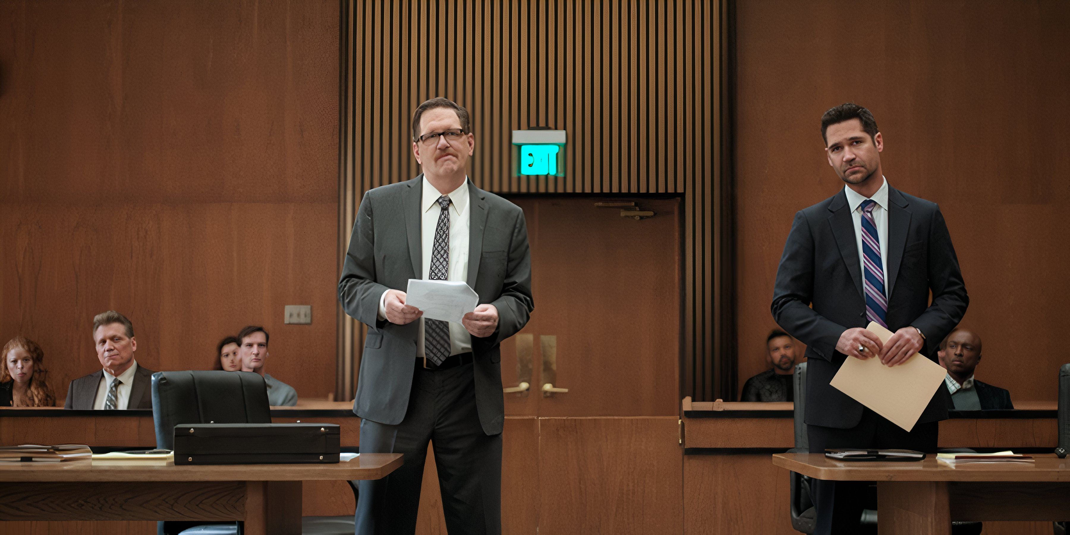 The prosecution and defense stand at their tables in The Lincoln Lawyer season 3