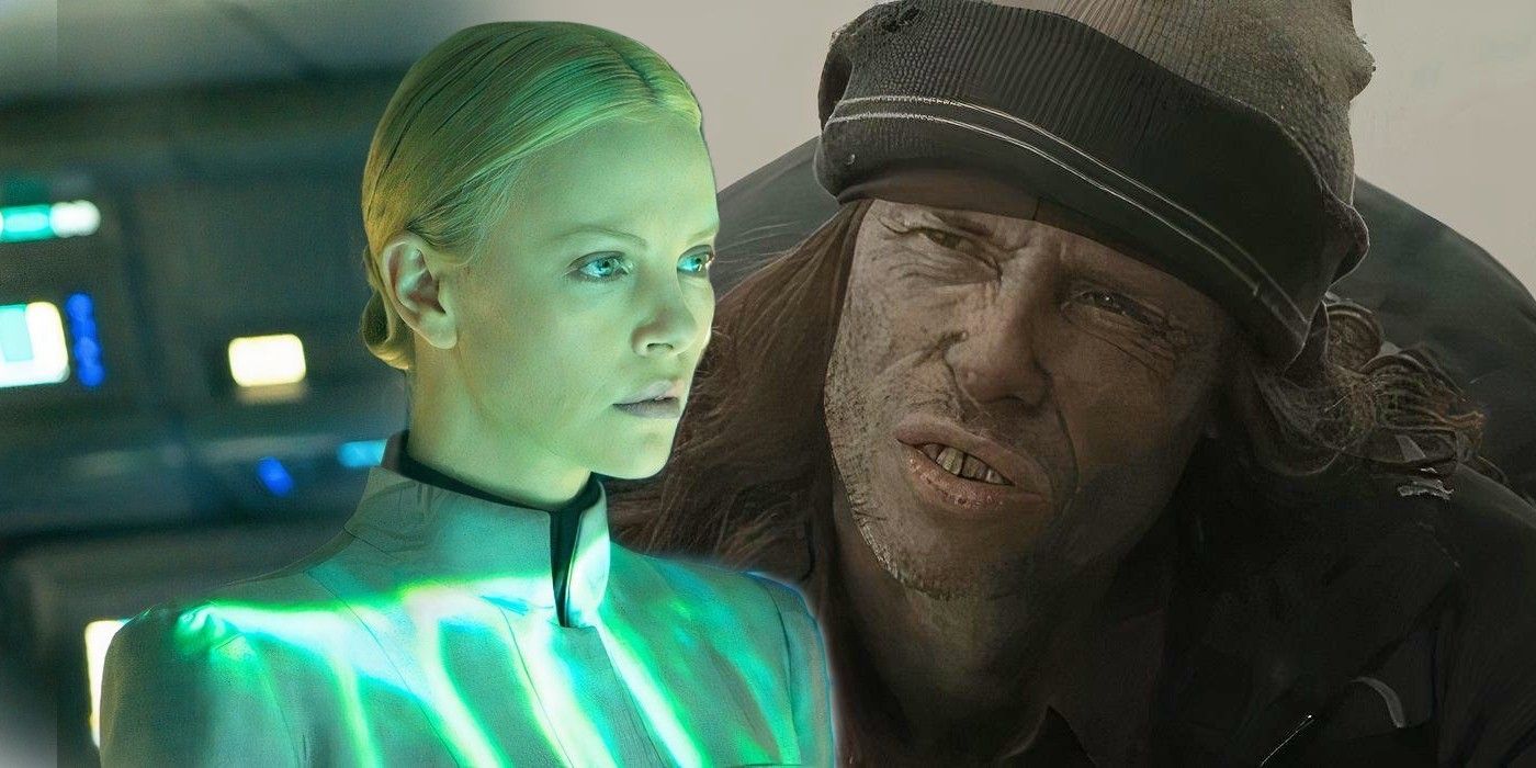 Charlize Theron as Meredith Vickers in Prometheus and Guy Pearce as Veteran in The Road