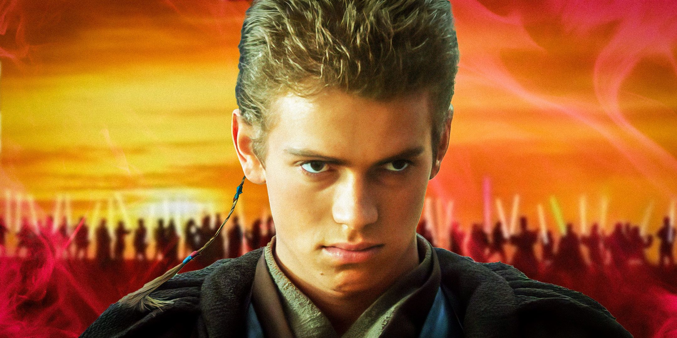 Anakin Skywalker in Attack of the Clones glaring angrily in the foreground in front of an image of many people holding up lightsabers with an orange sky/sunset