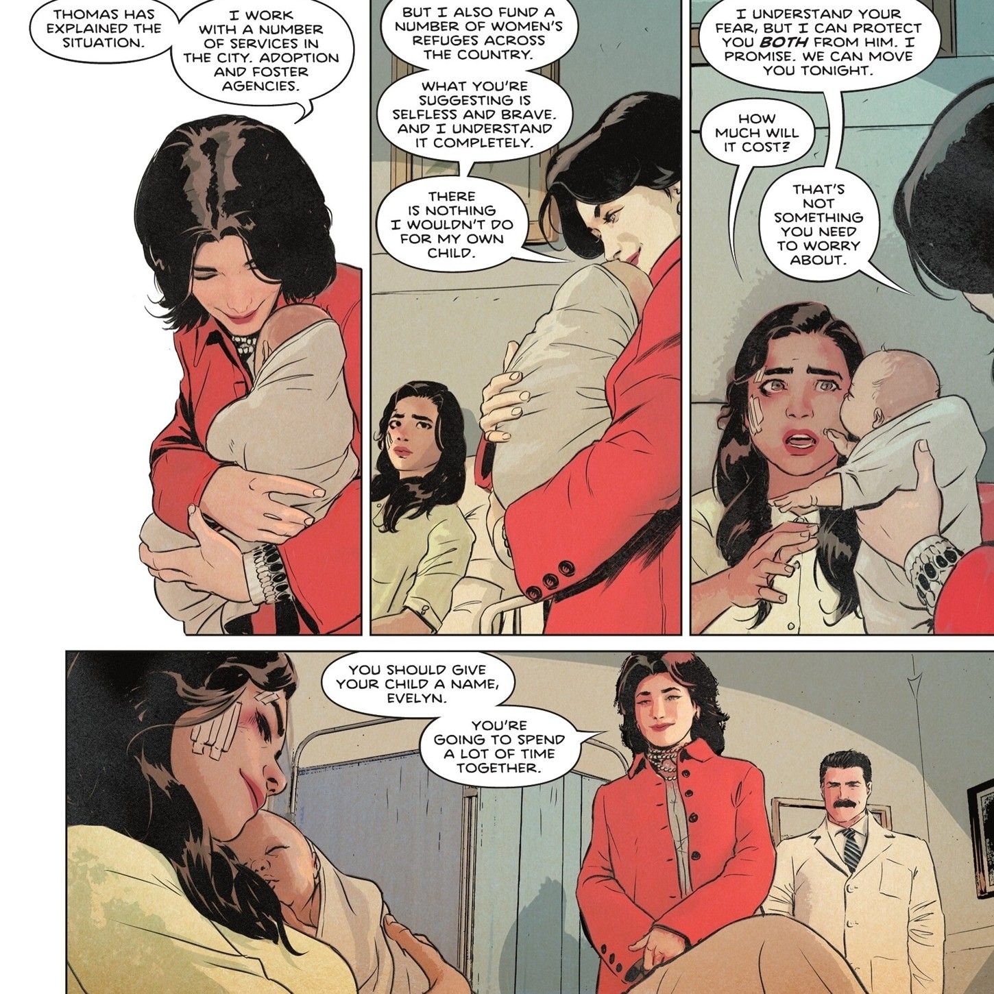 Paneles de cómics: Martha Wayne ayuda a Evelyn Scott y su bebé, quienes están conectados con Joe Chill.