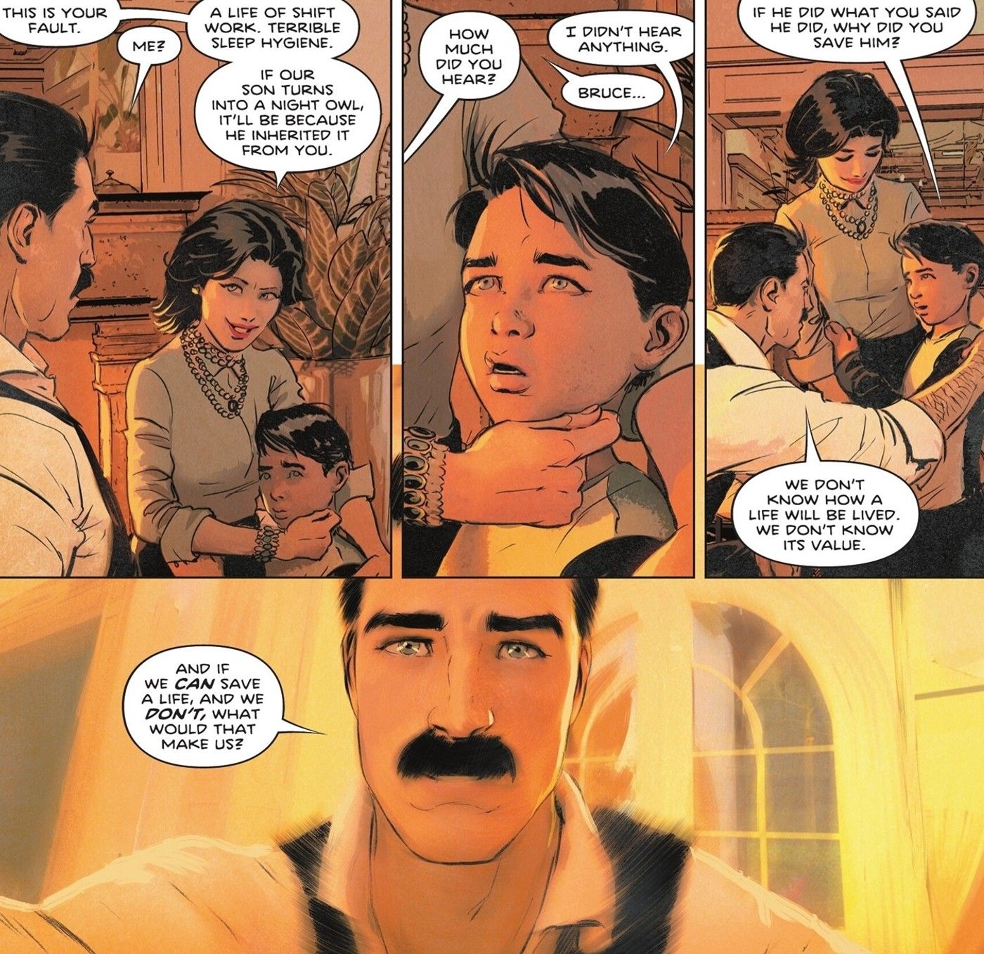 Paneles de cómics: un joven Bruce Wayne habla con sus padres sobre cómo salvar vidas.