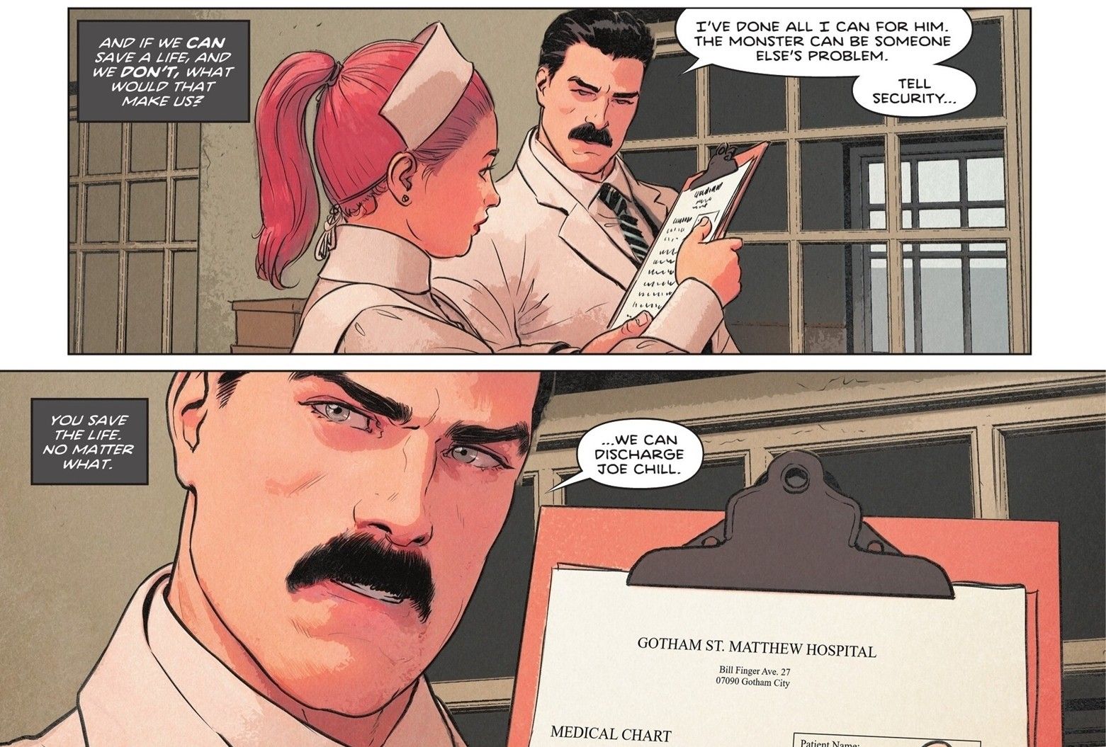  Thomas Wayne speaks to a nurse about discharging Joe Chill.