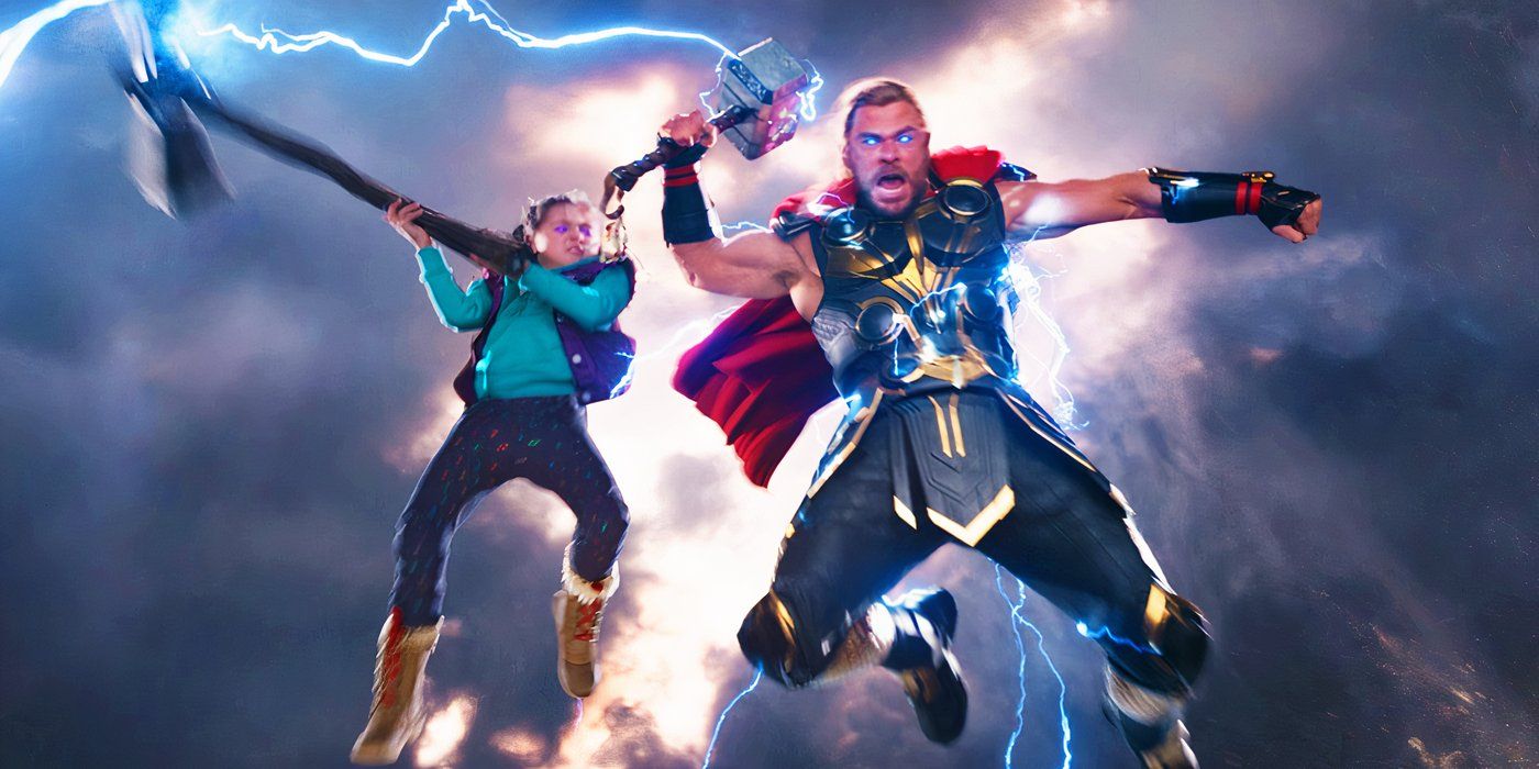 Thor and Love jumping into battle in Thor Love and Thunder