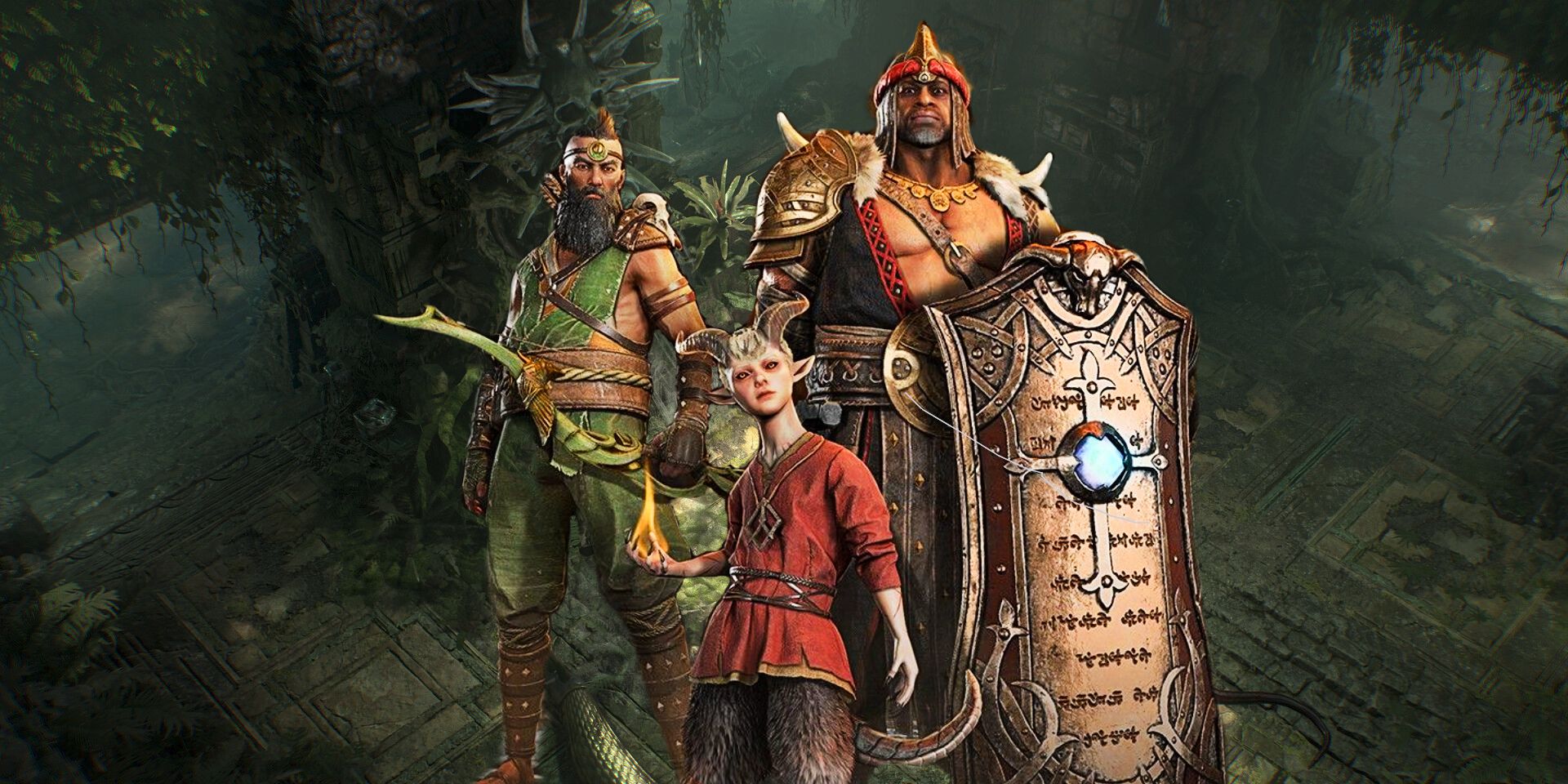 Tres personajes de Diablo 4 parados frente a un tanque de odio en el fondo del bosque.