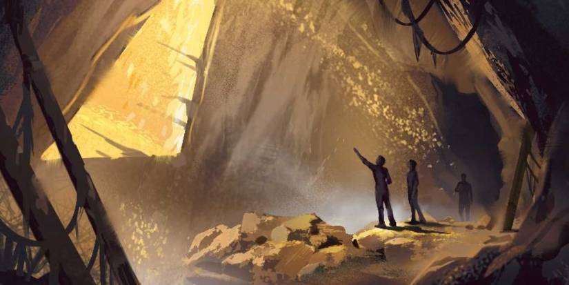 Three silhouettes standing on a gold-lit cliff in concept art from Longdue Games' newly announced title.