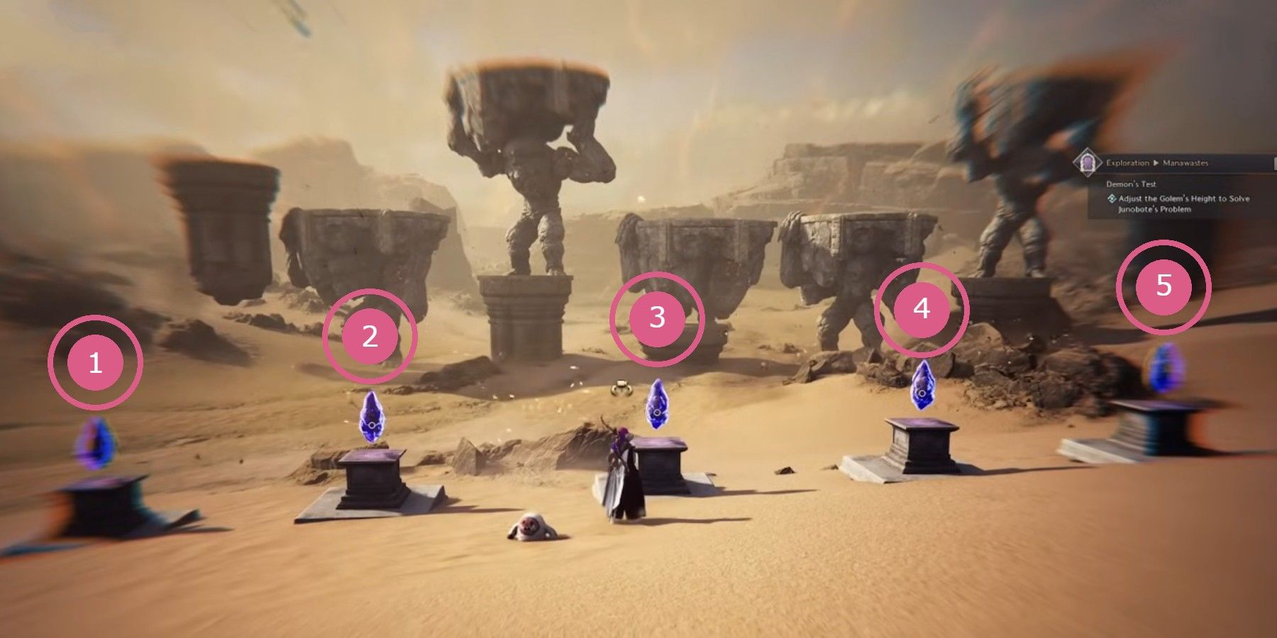 A numbered image of all giant statues during Demon's Test Puzzle 3 in Throne and Liberty