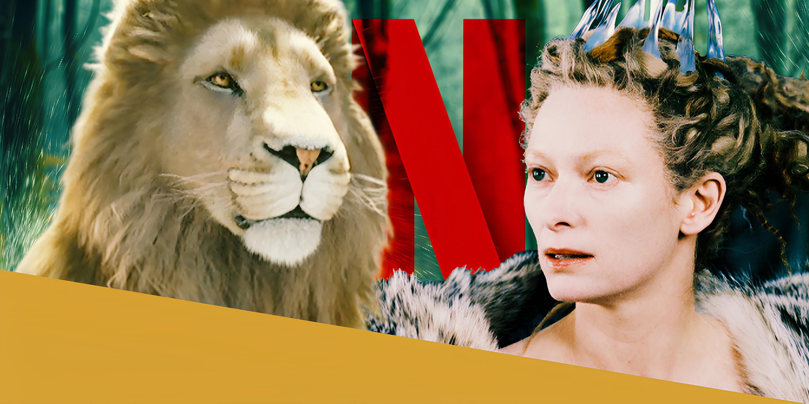 Tilda Swinton in Chronicles of Narnia Next to a Lion and the Netflix Logo