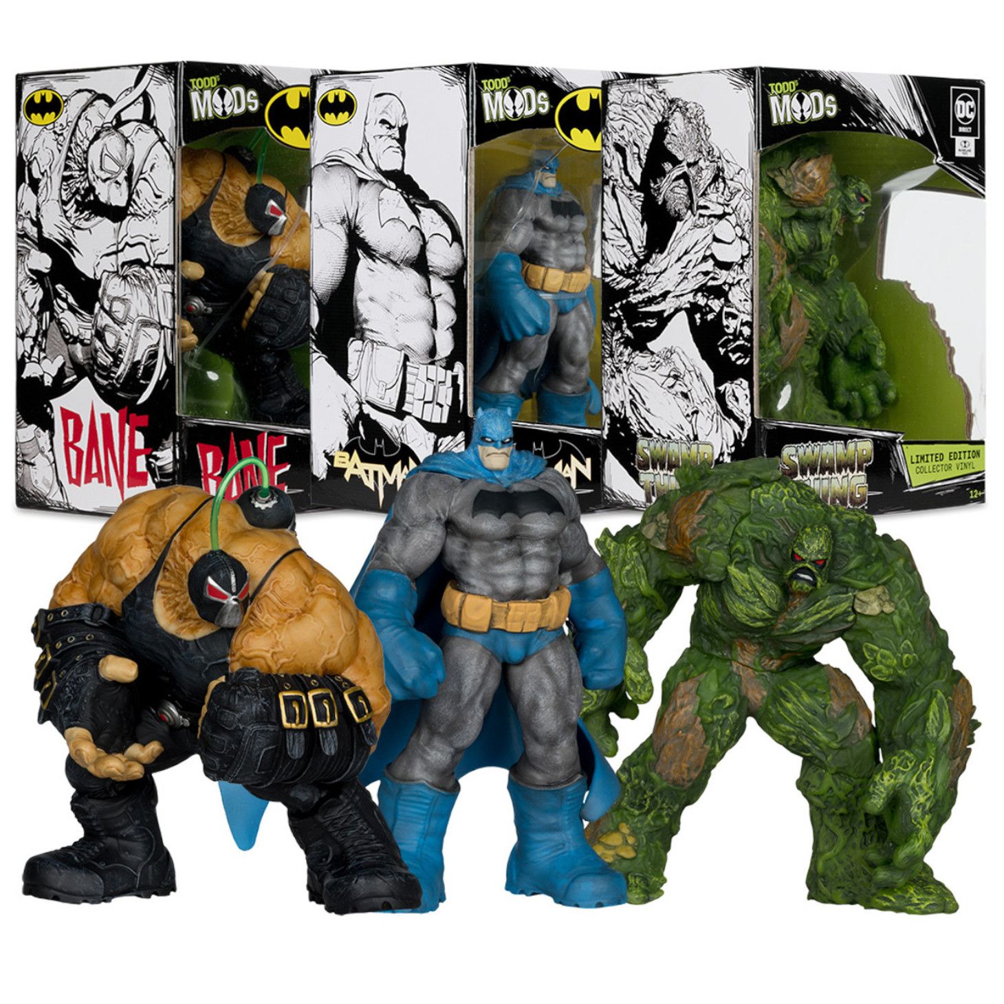 Todds Mods Bane, Batman and Swamp Thing figures with packaging