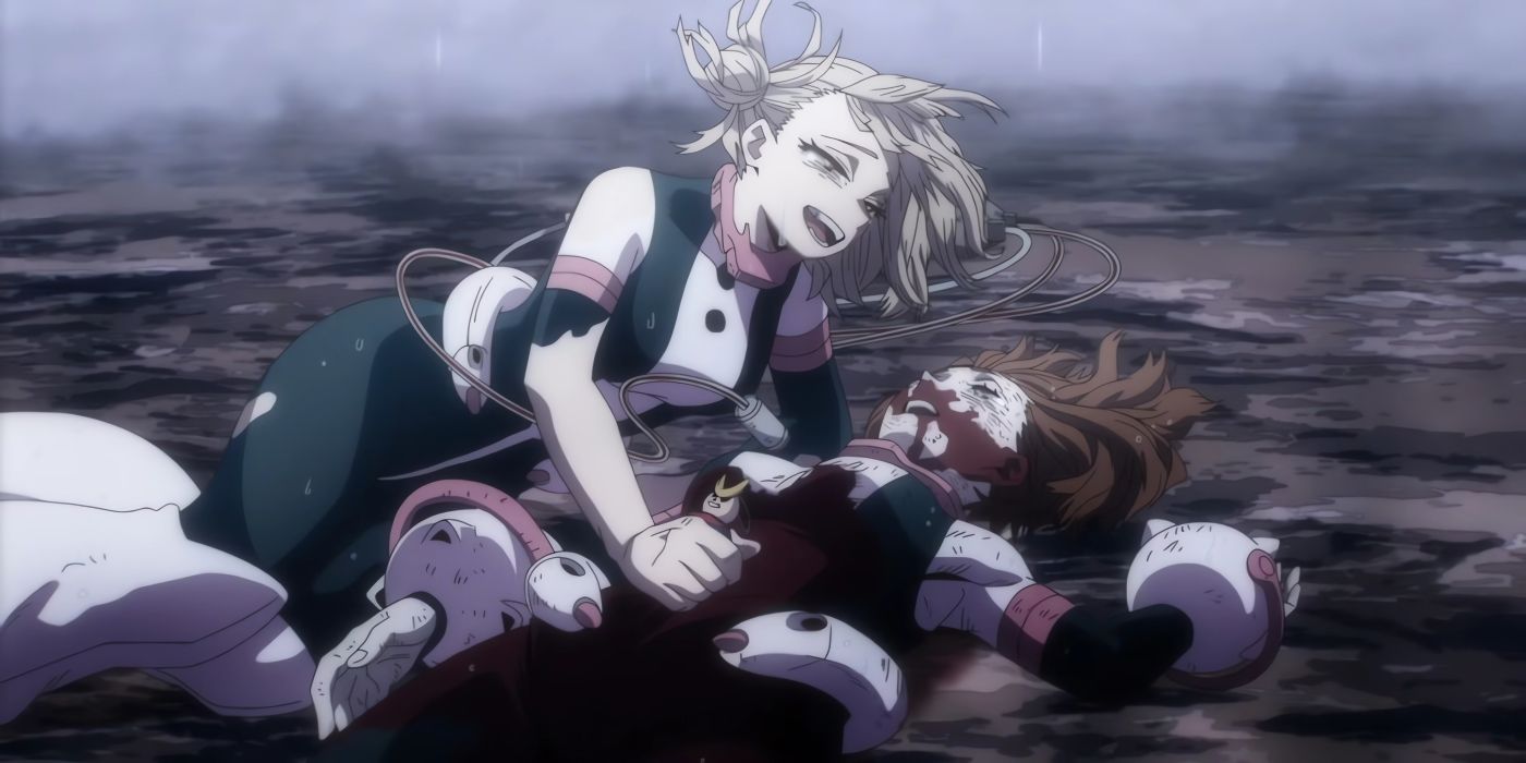 Toga rescata a Uraraka y lo calma mientras le agradece sus palabras. 