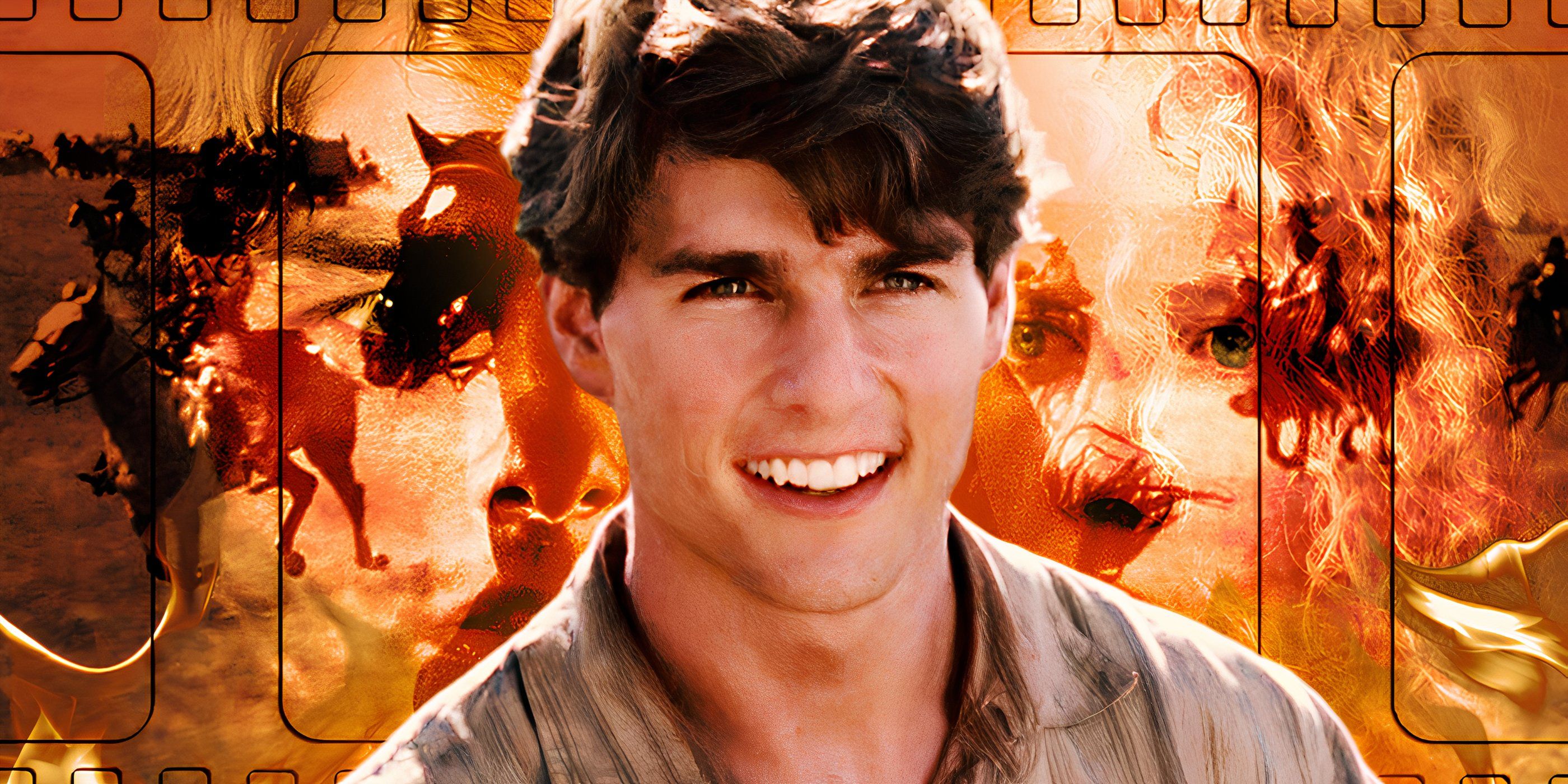 Tom Cruise in Far and Away smiling in front of horses