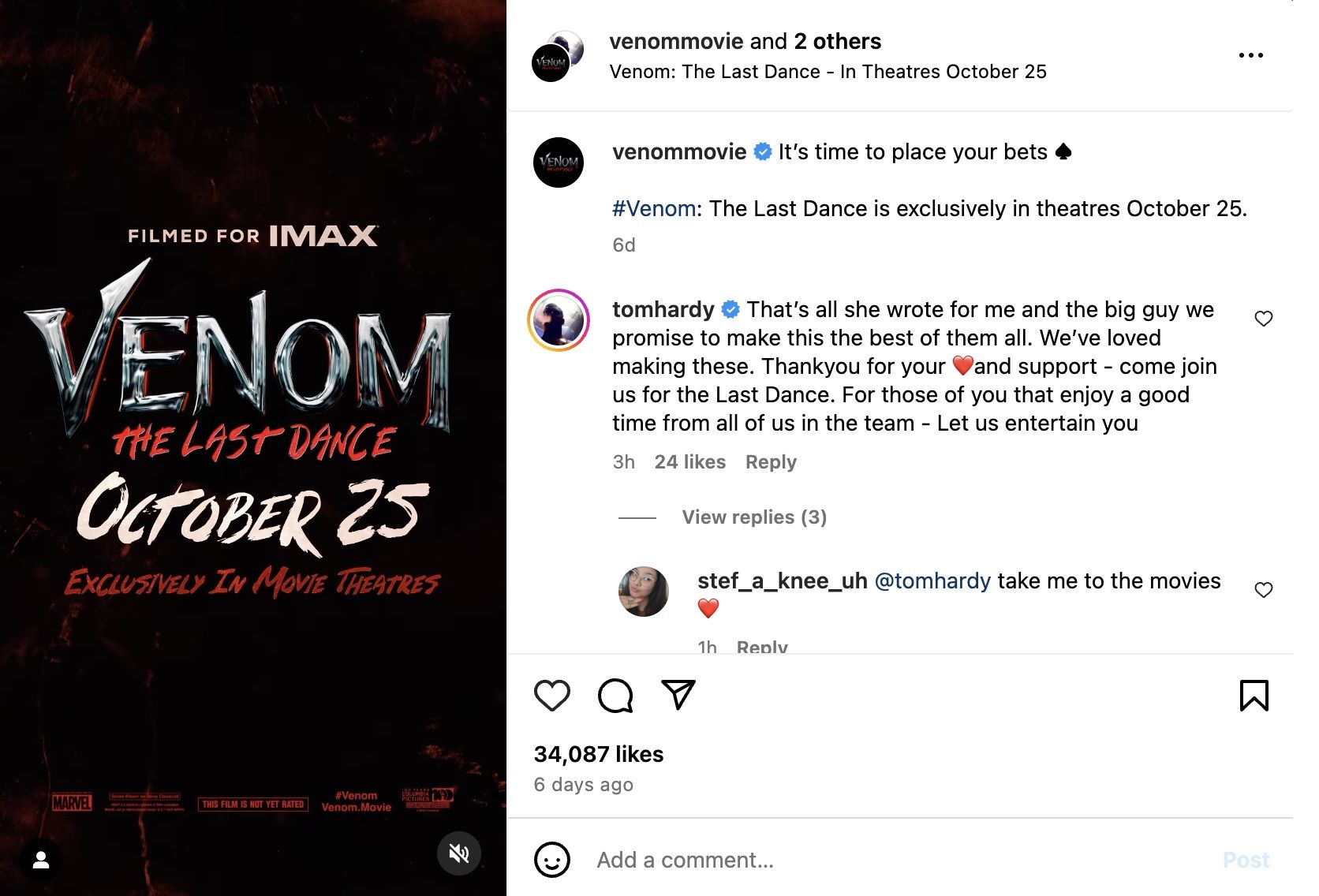 Tom Hardy aparentemente aborda si Venom 3 es su última película de Marvel: eso es todo lo que escribió