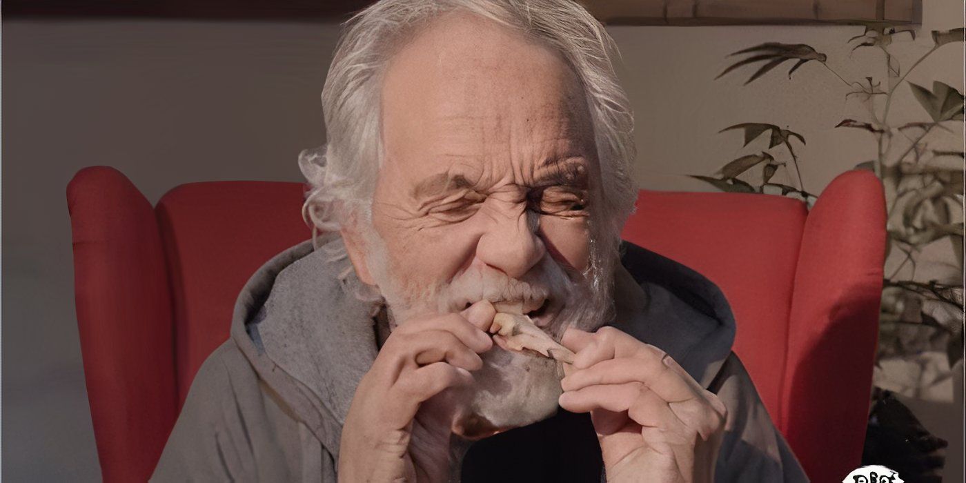 Tommy Chong eating chicken wings on Hot Ones