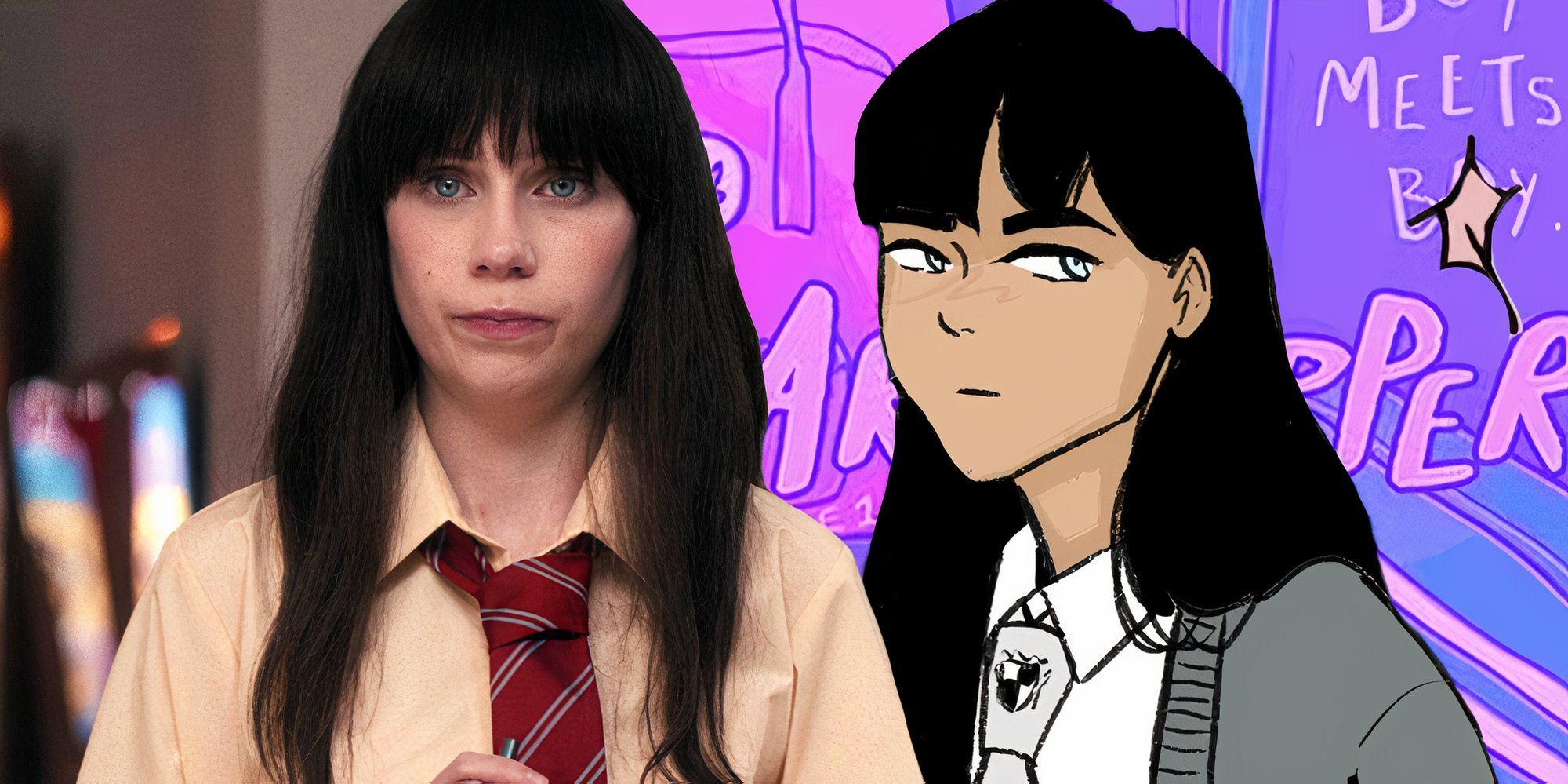 Jenny Walser as Tori in Netflix&rsquo;s Heartstopper (2022-) next to artwork of Tori in the Heartstopper graphic novels