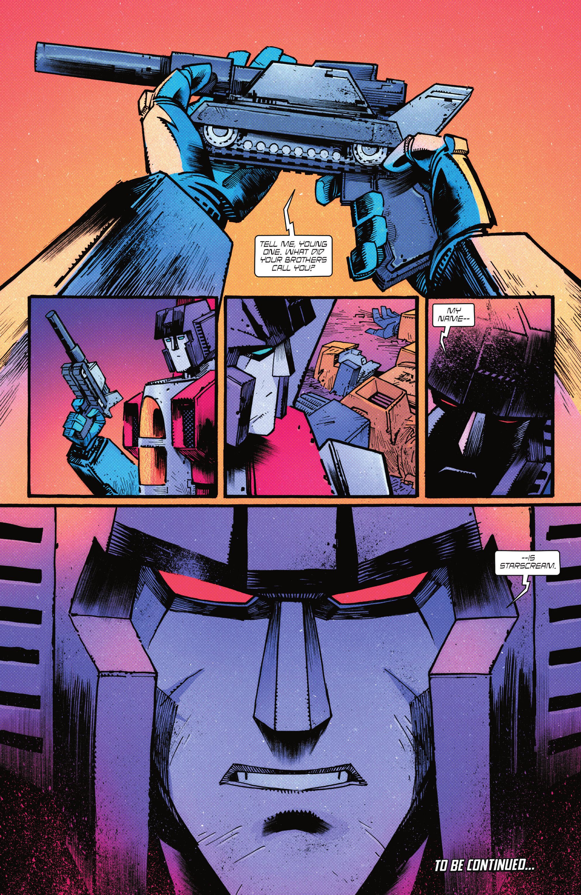 Página de cómic: Sosteniendo a Megatron a punta de pistola, Starscream anuncia su nuevo nombre.