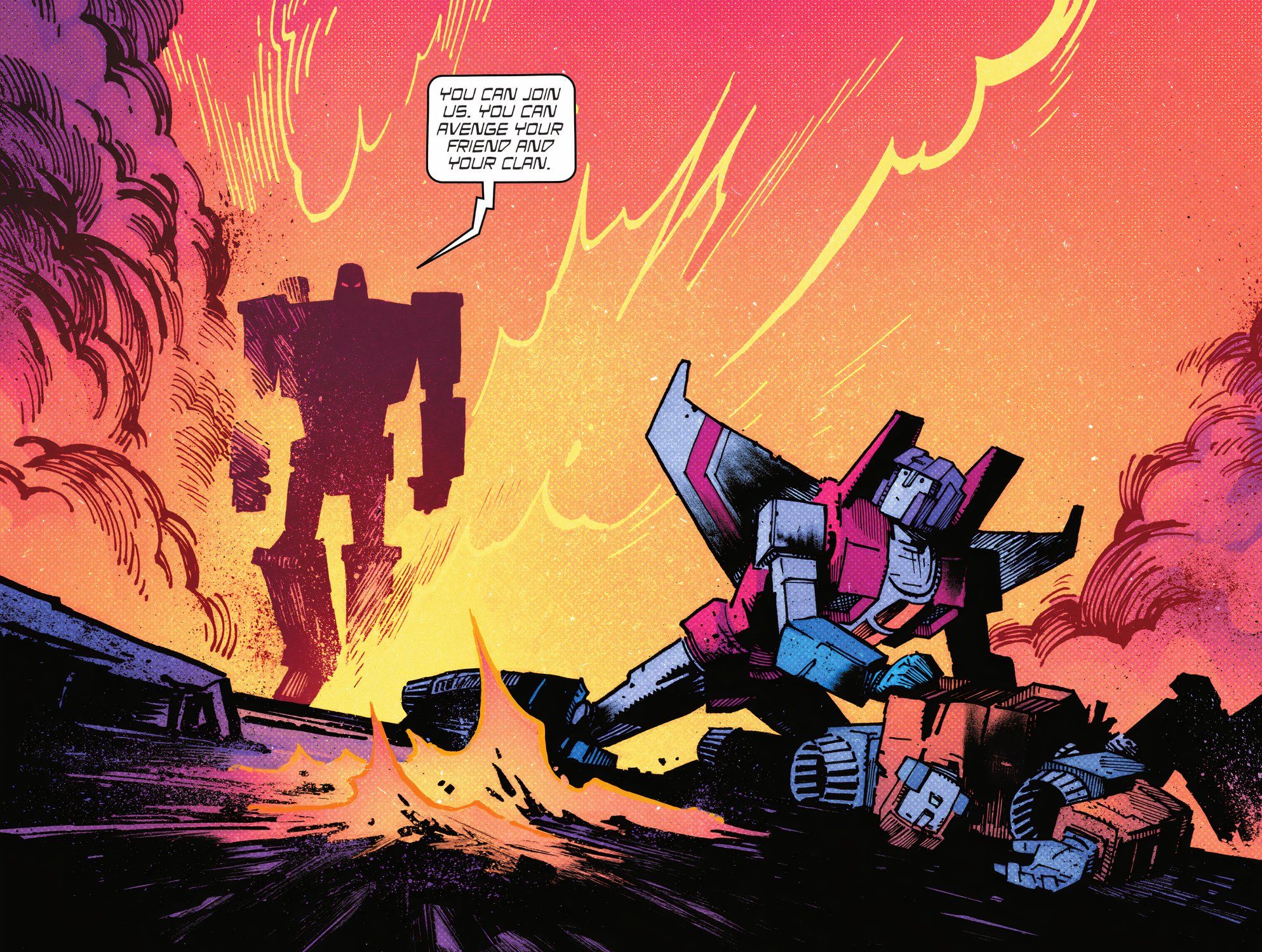 Painel de quadrinhos: Megatron se aproxima de Starscream enquanto ele lamenta Genvo.