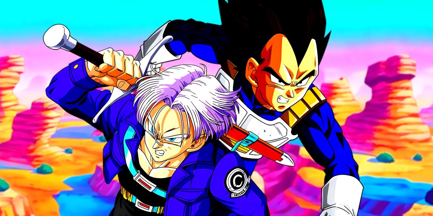 Trunks and Vegeta prepared to fight, flying side by side. Behind them, a wasteland shown in the series can be seen.
